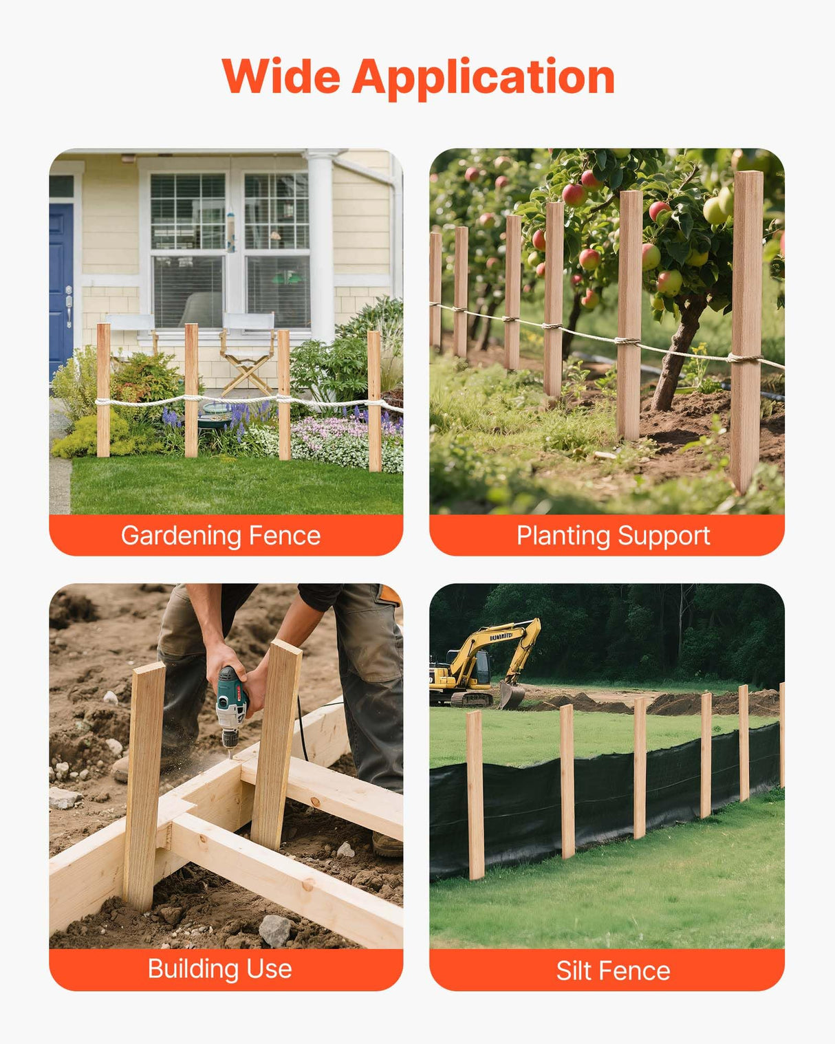 VEVOR Wooden Garden Stakes, 25 Pcs 36 x 0.5 x1.5 in Survey Grading Stakes, Garden Ground Stake with Sharp Point, Fir Wood Plant Support Stake, Sign Posts for Silt Fence Backyard Boundaries Baselines