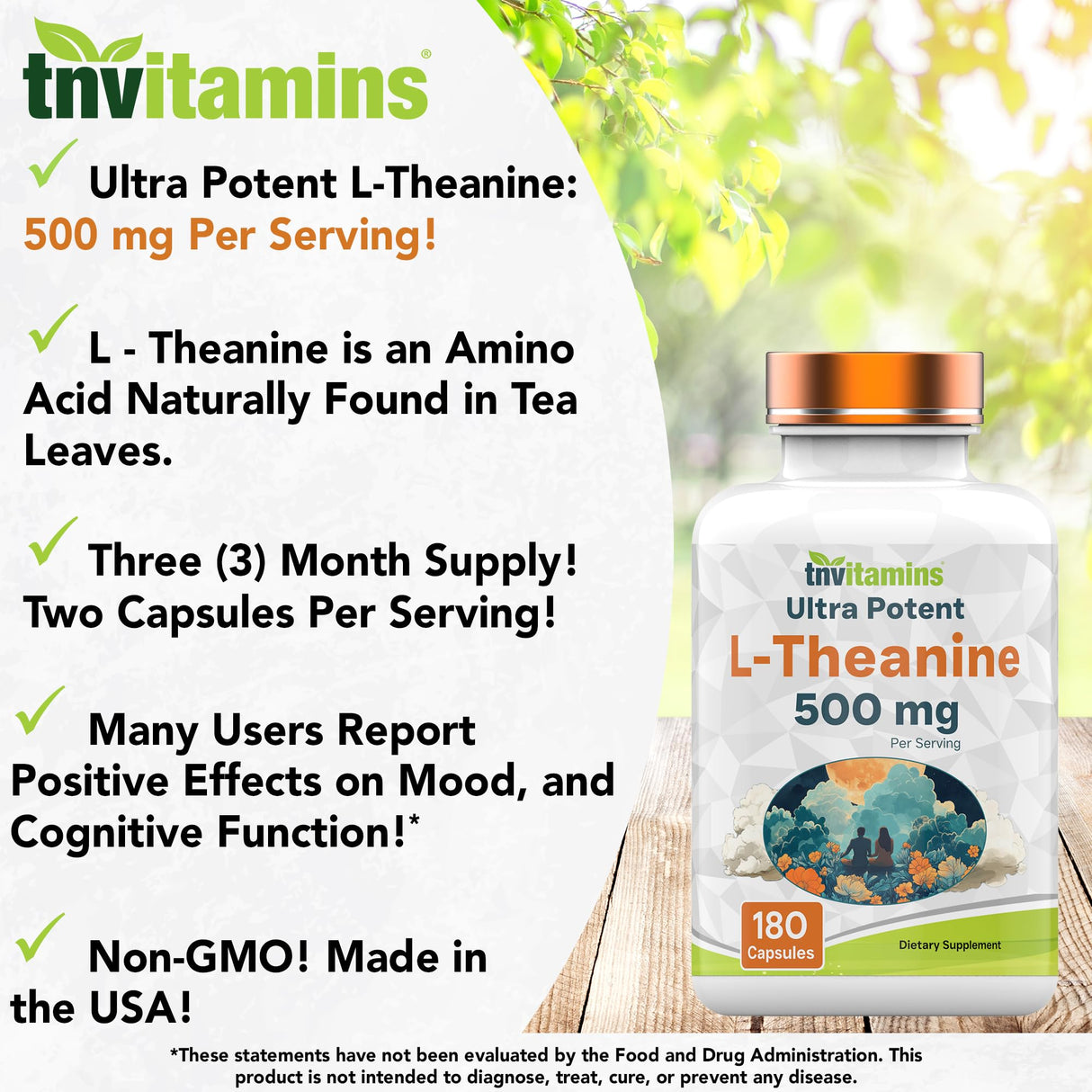L-Theanine 500 mg Per Serving - 180 Capsules | Keep Calm, Cool, Collected, Alert, & Focused | L-Theanine Supplement May Support Mood, Brain, & Cognitive Function* | Non-GMO, Made in The USA!