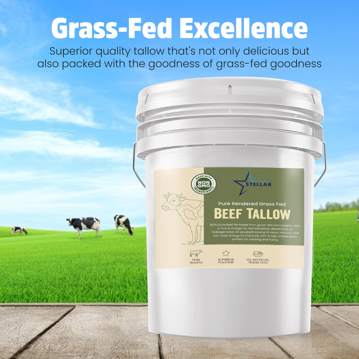 2 Pack Stellar - Beef Tallow - 100% Grass-Fed & Finished - Good for Cooking, Baking and Frying - Food Grade - 5 LBS