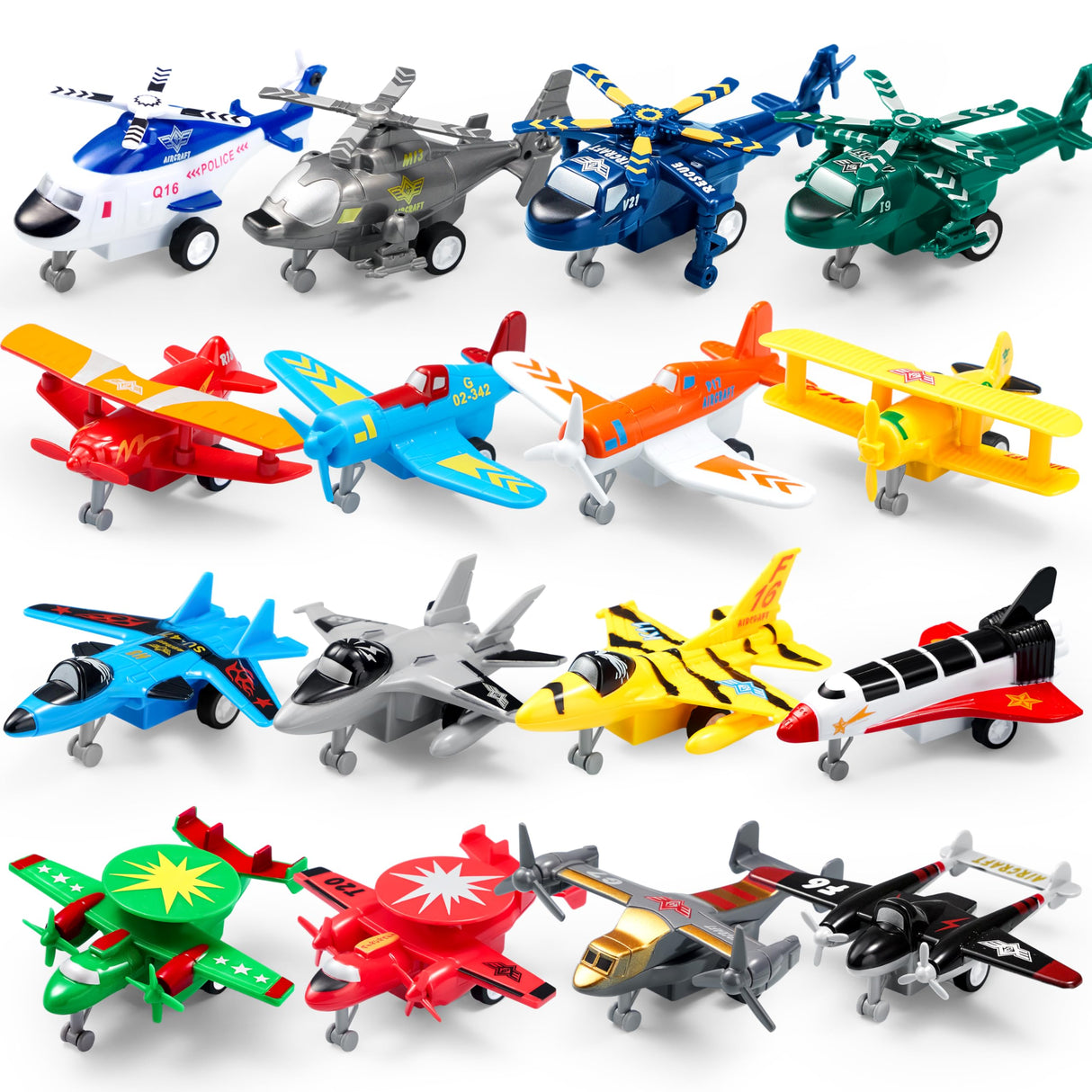 JOYIN 16 Pcs Pull Back Airplane Toys, Boys Plane Playset, Aircraft Incl Helicopter, Fighter, Bomber, Gifts for Toddler Kids 3+ Years Old, Christmas Kids Gifts, Treasure Box Toys for Classroom