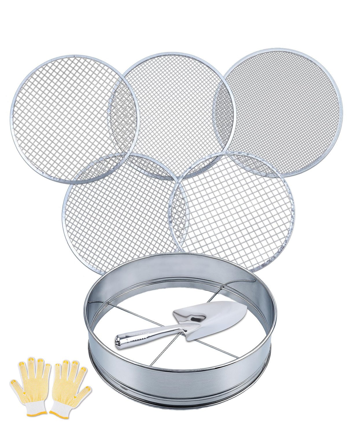 HIPULX 5-in-1 Soil Sifter Set with 5 Replaceable Stainless Steel Mesh Screen & Shovel (1/8" to 1/2"), Soil Sifter for Soils, Compost, Bonsai, Cat Litter and More(11-5/8" Diameter)
