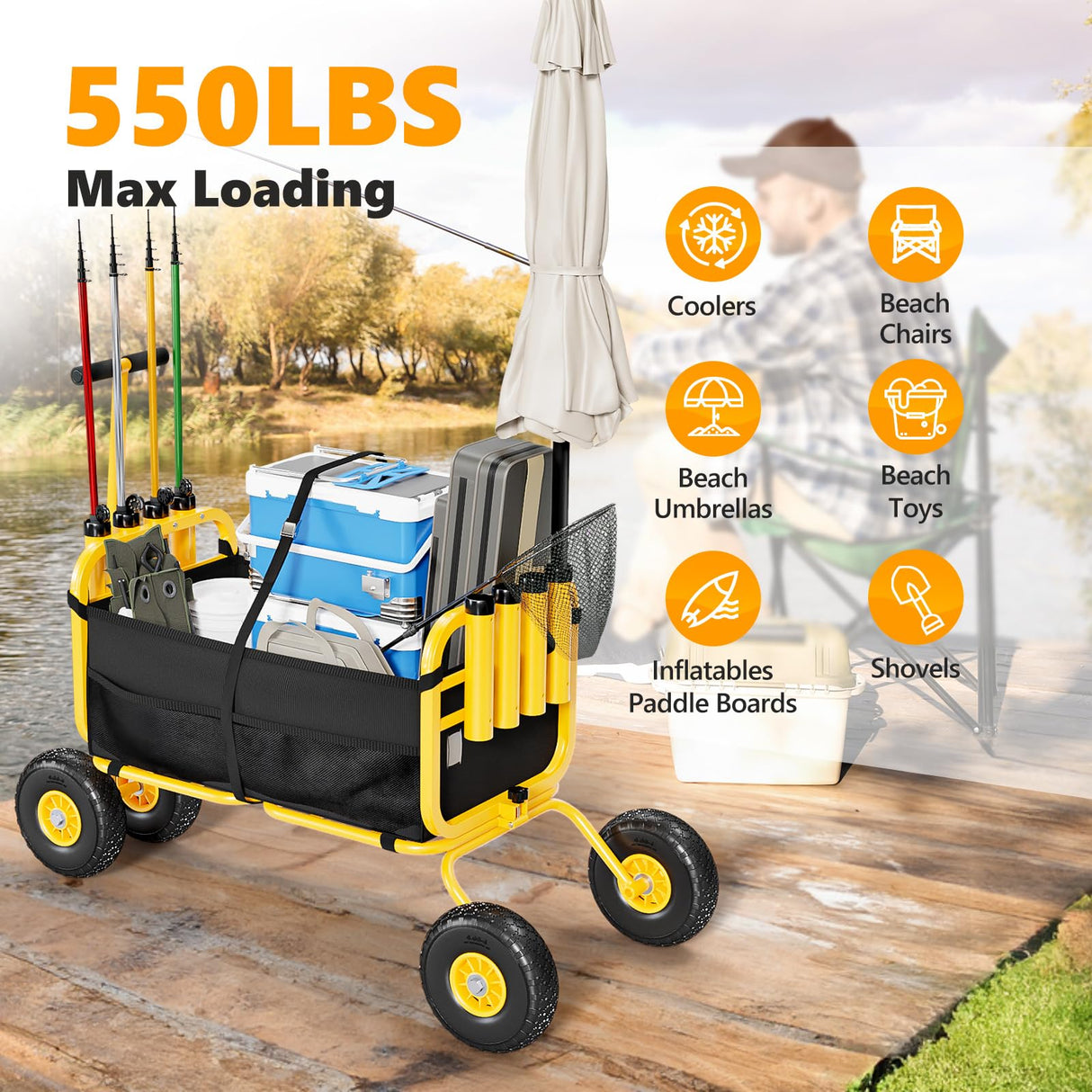 Bonnlo Beach Fishing Cart, Beach Wagon Trolley with 11" Big NO-Flat Airless Tires, Foldable Beachs Trailer with Large Cargo Basket, 550 lbs Load Capacity, 8 Fishing Rods Holder, Durable Oxford Bag