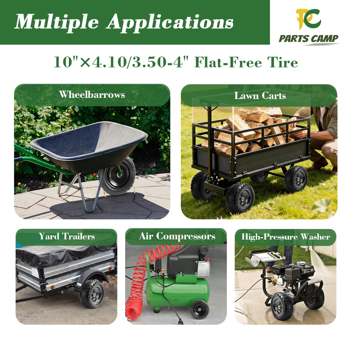 Parts Camp Replace Gorilla Cart Wheels 10" Flat-free Solid Tire and Wheel Replacement 4.10/3.50-4 tire for Hand Truck Wagon Garden Dolly Trolley With 5/8" Axle Bore Hole 2.2" Offset Hub 2-Pack