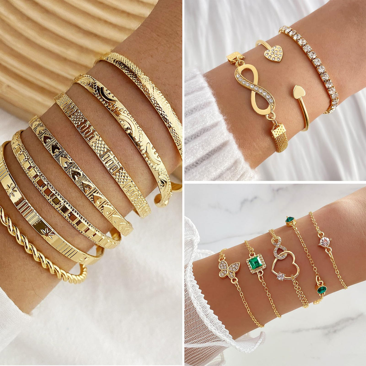 IFKM Gold Jewelry Set For Women, 14k Gold Plated Multi Layer Necklaces Bracelets Stackable Knuckle Rings Hoop Earrings set, Trendy Elegance Charms Non Tarnish Minimalist Textured Boho Jewelry Gift