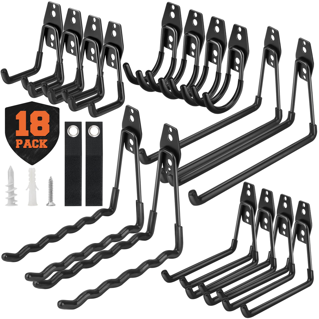 Nacial 18 Pack Garage Hooks Heavy Duty, Utility Steel Garage Storage Hook with 2 Storage Straps, Utility Garage Wall Mount Hooks for Hanging Bike, Ladder and Garden Tools, Perfect for Father Day Gifts