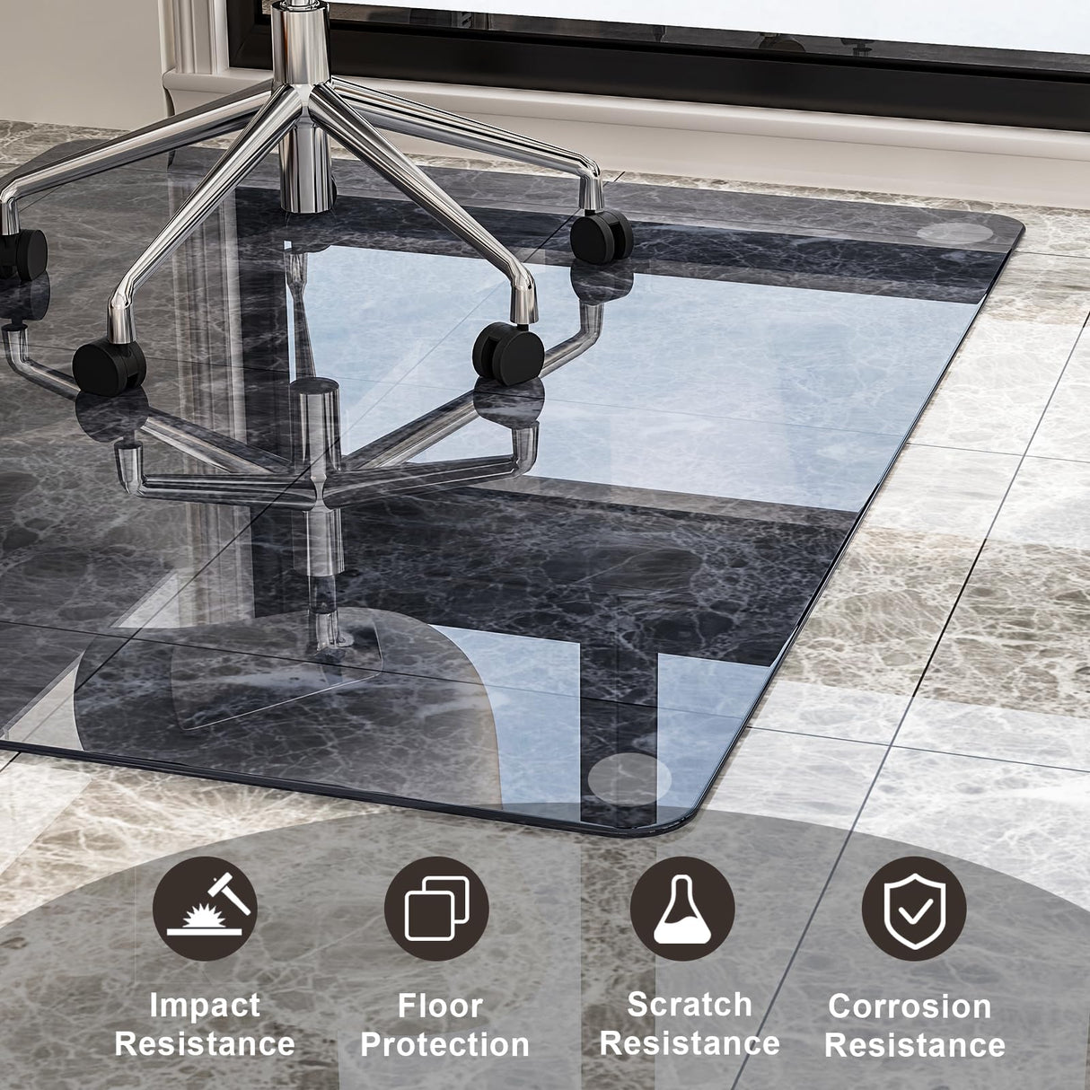 GLSLAND Office Chair Mat, 36" x 46" Grey Tempered Glass Floor Mat for Office Chair on Carpet, 1/5" Thick Computer Floor Mat with 4 Anti-Slip Pads
