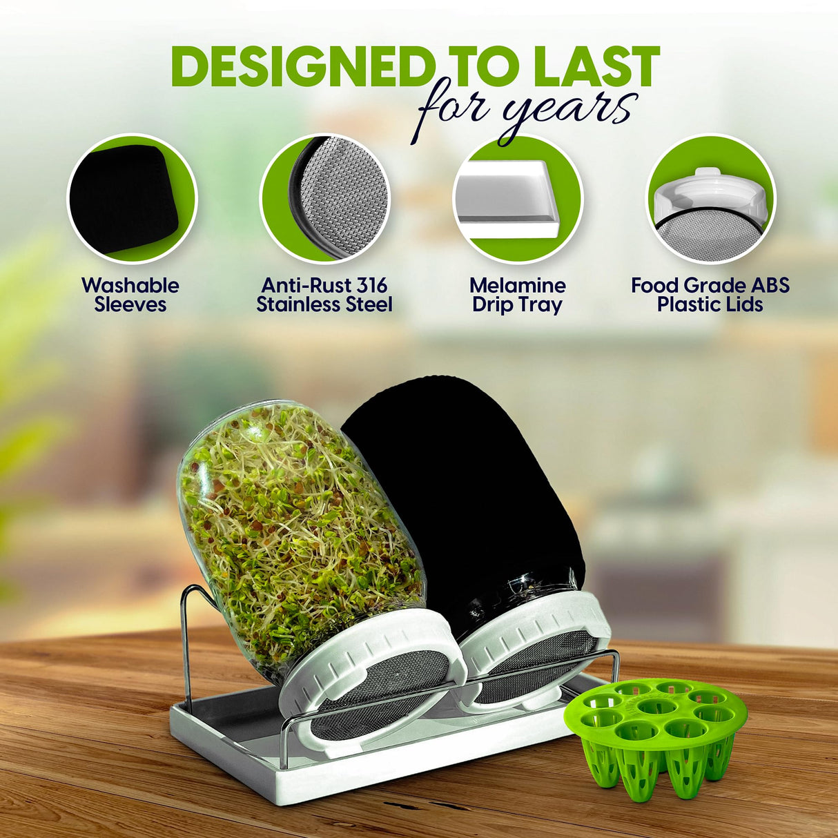 Premium Seed Sprouting Kit & Green Onion Regrower – 2 Wide-Mouth Mason Jars with Sprout Lids, Stainless Stand, Drain Tray, Blackout Sleeves & Cleaning Brush for Broccoli, Alfalfa & Mung Beans