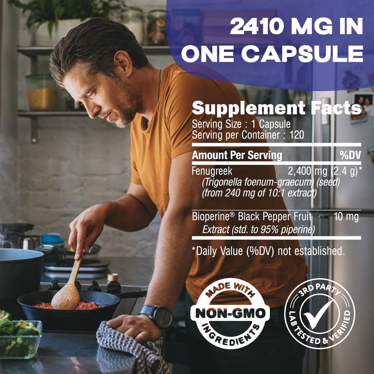 COMFY HEALTH Fenugreek Capsules, 2410mg Per Capsule, 120 Count, Fenugreek Pills with Bioperine for Superior Absorption, Non-GMO, Gluten Free Fenugreek Seeds Extract Supplements, Fenogreco Capsulas