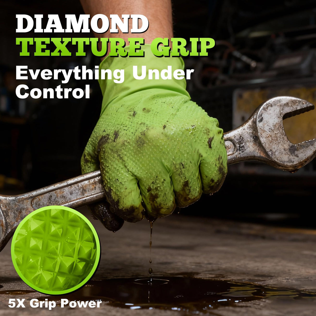TitanFlex Heavy Duty Green Industrial Nitrile Gloves, 8-mil, Medium, Box of 50, Latex Free, Raised Diamond Texture Grip, Powder Free, Food Safe, Rubber Gloves, Mechanic Gloves