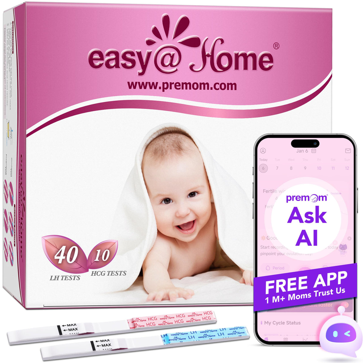Easy@Home Ovulation Test Strips Powered by Premom Ovulation Predictor APP, FSA Eligible, 40 Ovulation Test and 10 Pregnancy Test Strips, 40LH +10HCG | Package May Vary