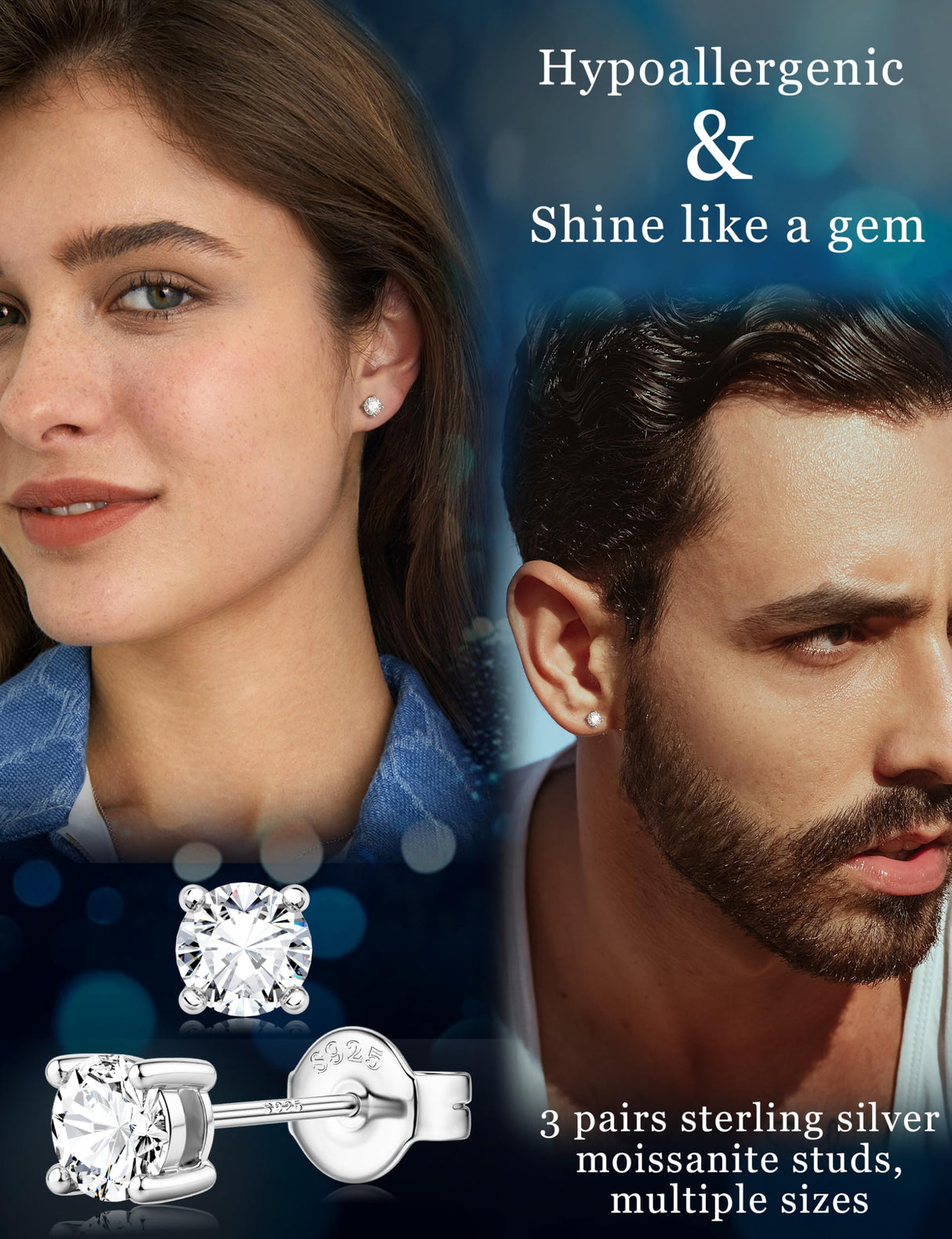 Moissanite Stud Earrings Sterling Silver Men's Earring14K White Gold Plated