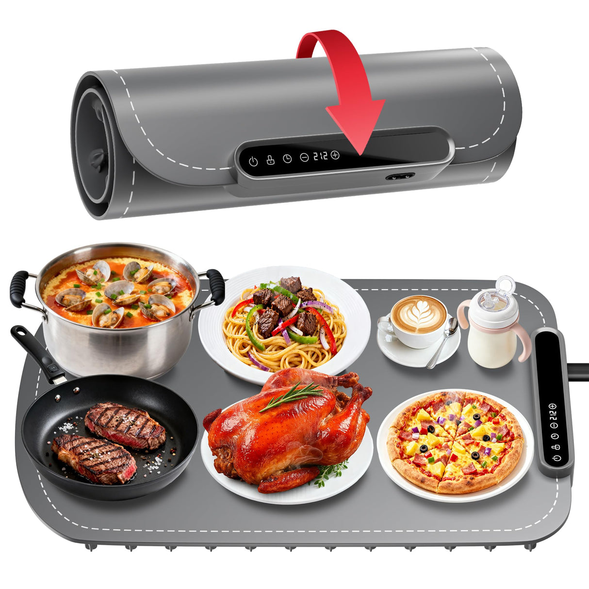 Warming Mat for Food, Upgraded Fast-Heating Electric Warming Tray with 7 Temp Levels & 8 Timers, Buffet Raised Feet & Rollable Silicone Heat Pad, Portable Food Warmer for Home, Party & Travel