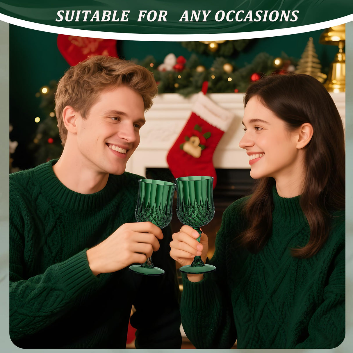 HTTBEIZI 24PCS 7OZ Dark Green Wine Plastic Glasses, Drinking Champagne Glasses Flutes Crystal Vintage Water Unbreakable Goblets for Christmas, Wedding, Parties