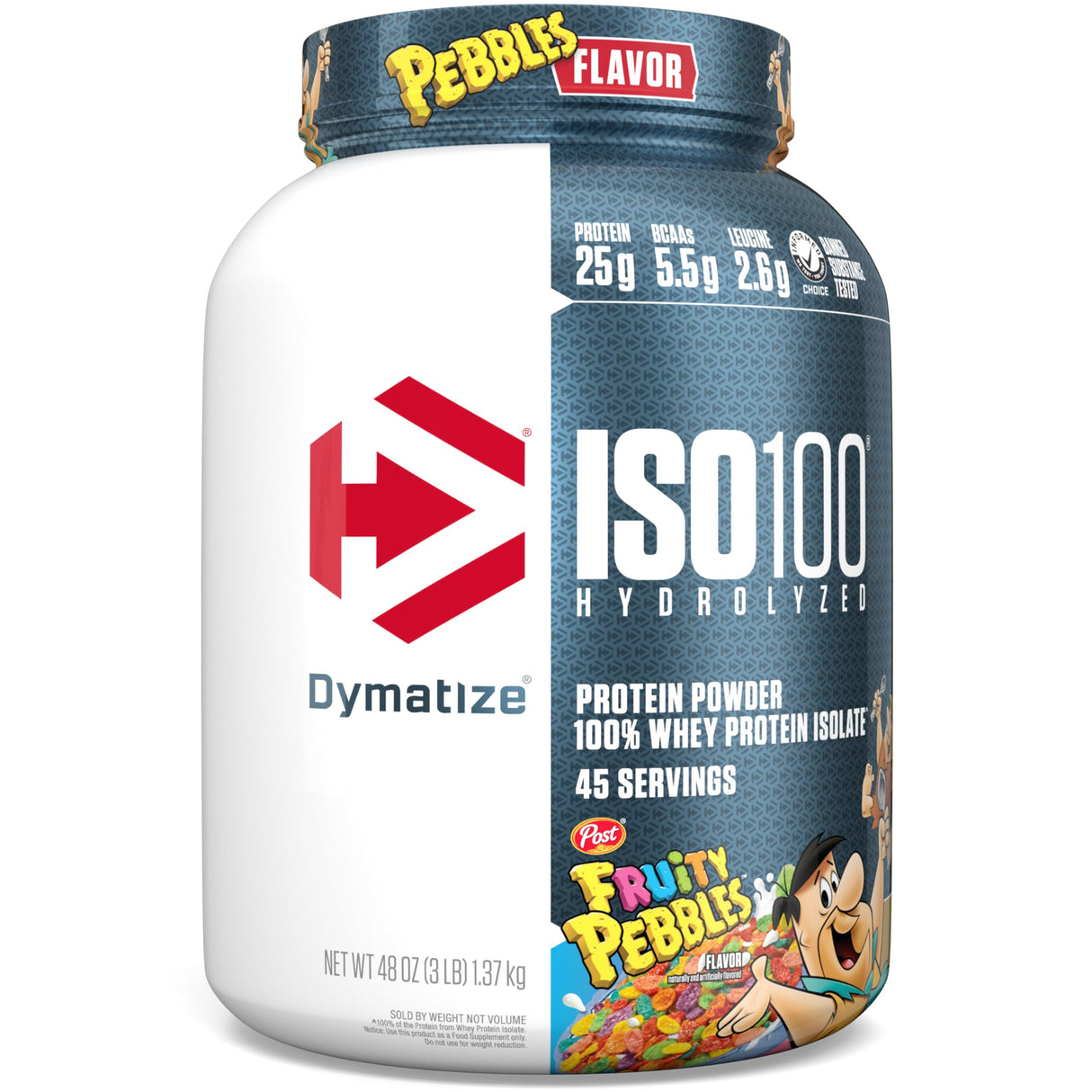 Dymatize x Fruity Pebbles ISO100 Whey Protein Powder Isolate, 25g of Protein, 5.5g BCAAs, 120 Cal., Gluten Free, 1g Fat, 1g Sugar, 2g Carb (45 Servings)