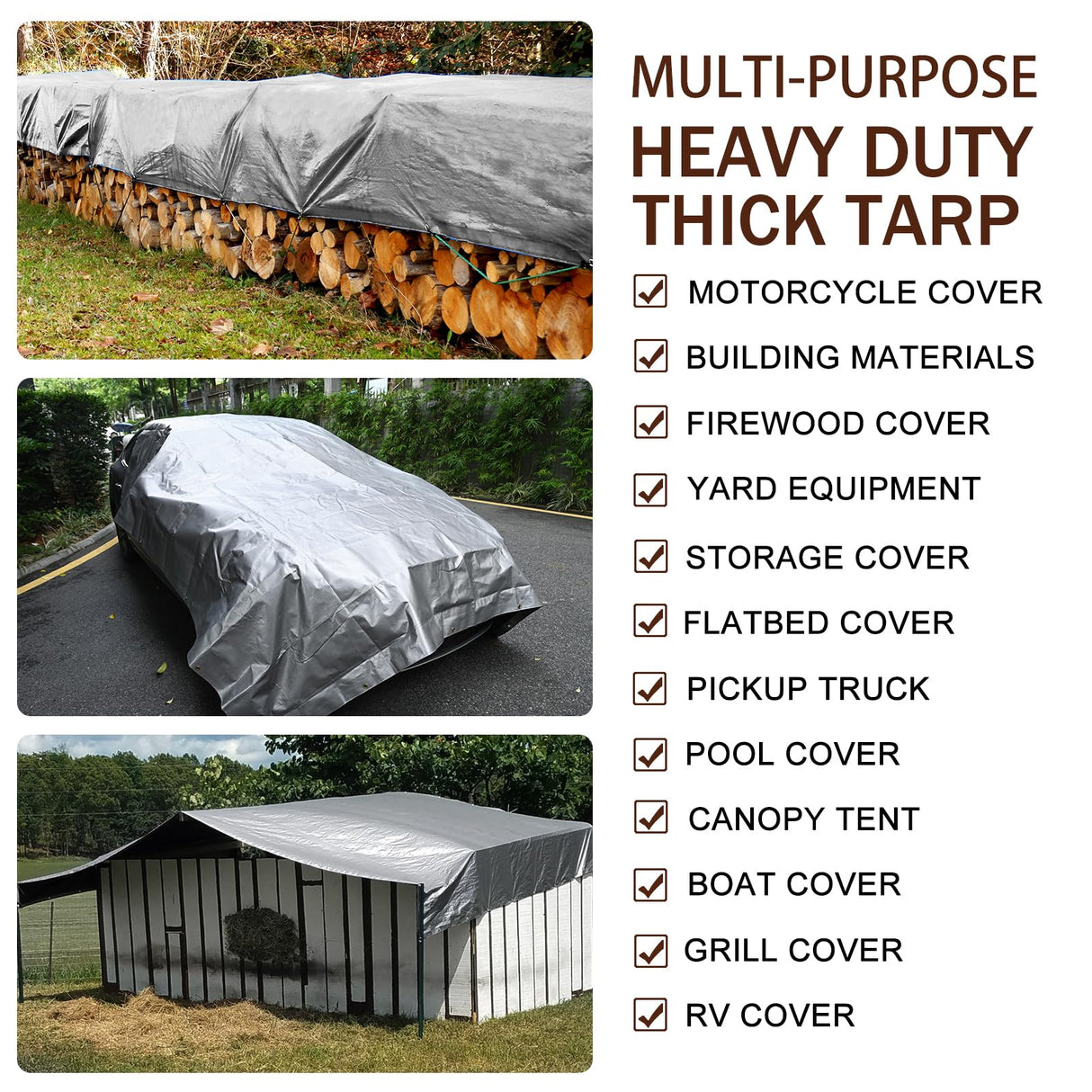 Sunvigor Tarp Waterproof 8x10Ft, Heavy Duty Tarp Cover Extra Thick 14 Mil Tear and UV Resistant, Outdoor Tarps with Grommets and Reinforced Edges for Roof, Camping, Patio, Pool, Boat (Silver/Brown)