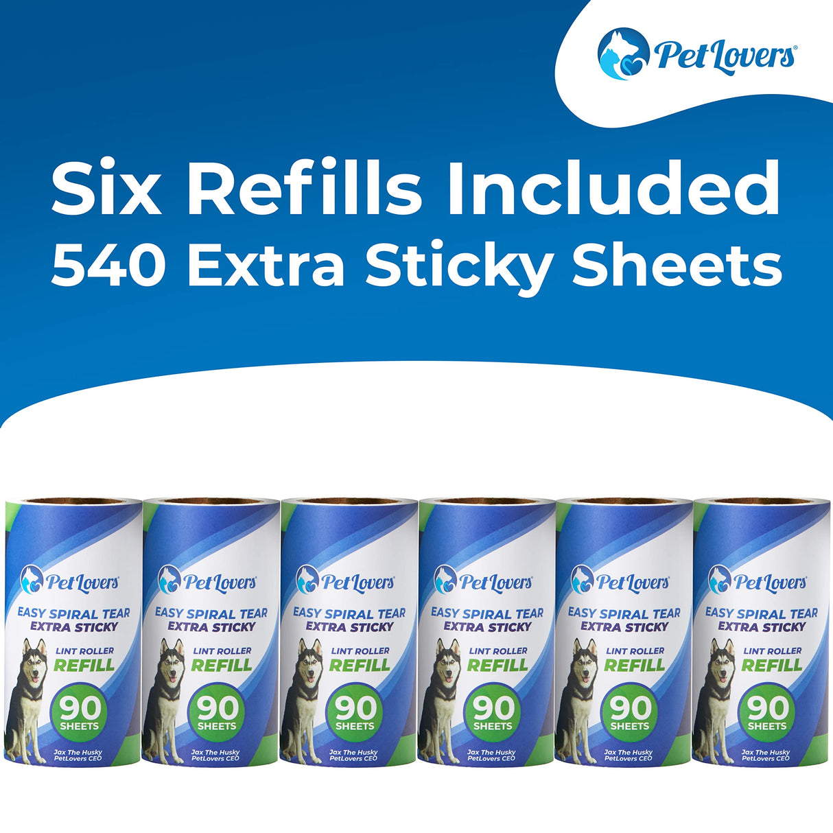 PetLovers Extra Sticky Lint Roller 6 Pack of Refills Only - No Handle Included - 90 Sheets Per Refill 540 Sheets Total