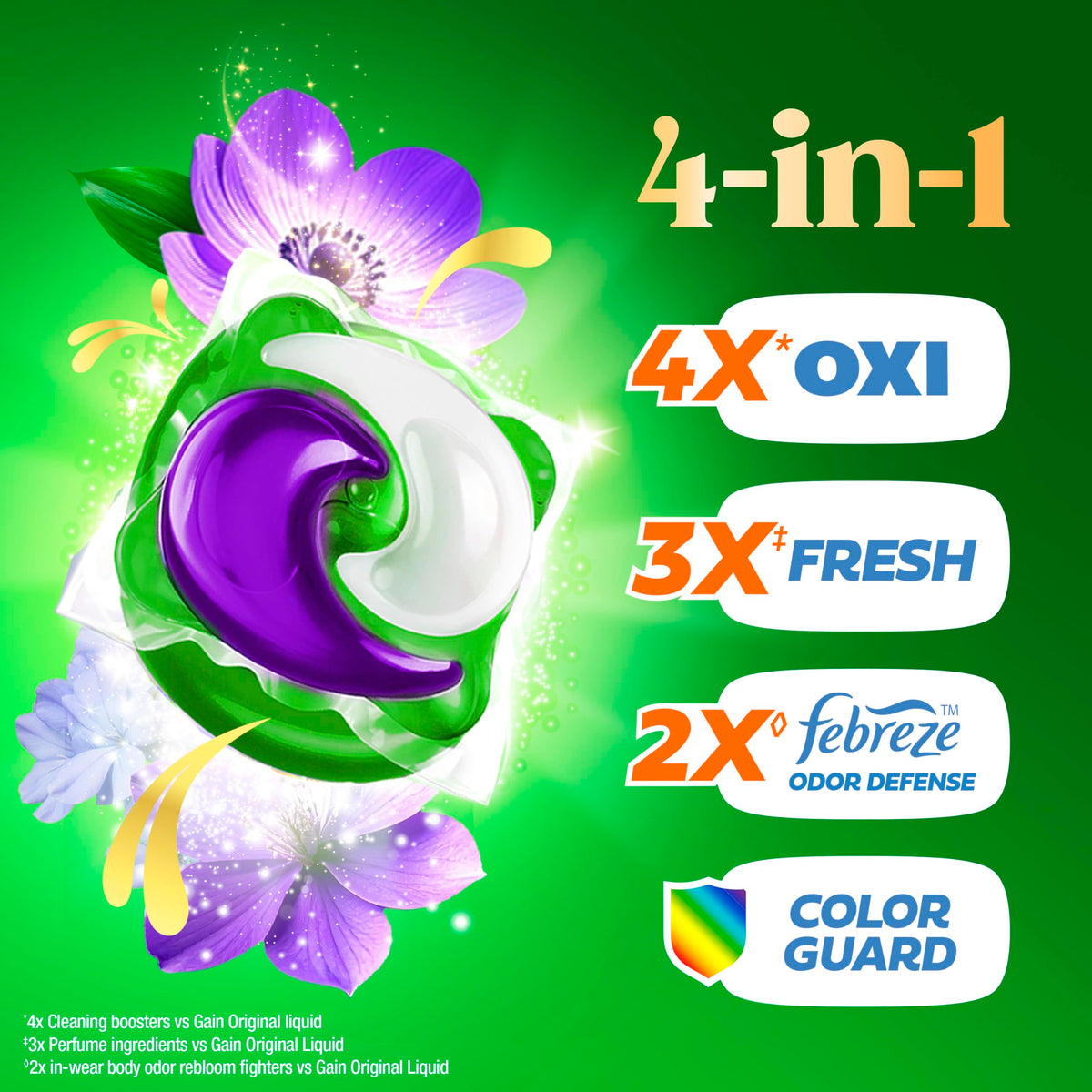 Gain Plus Flings Liquid Washing Detergent Pacs, Gain's Best Clean, All-In-One, Moonlight Breeze Scent, 45-Count Tub