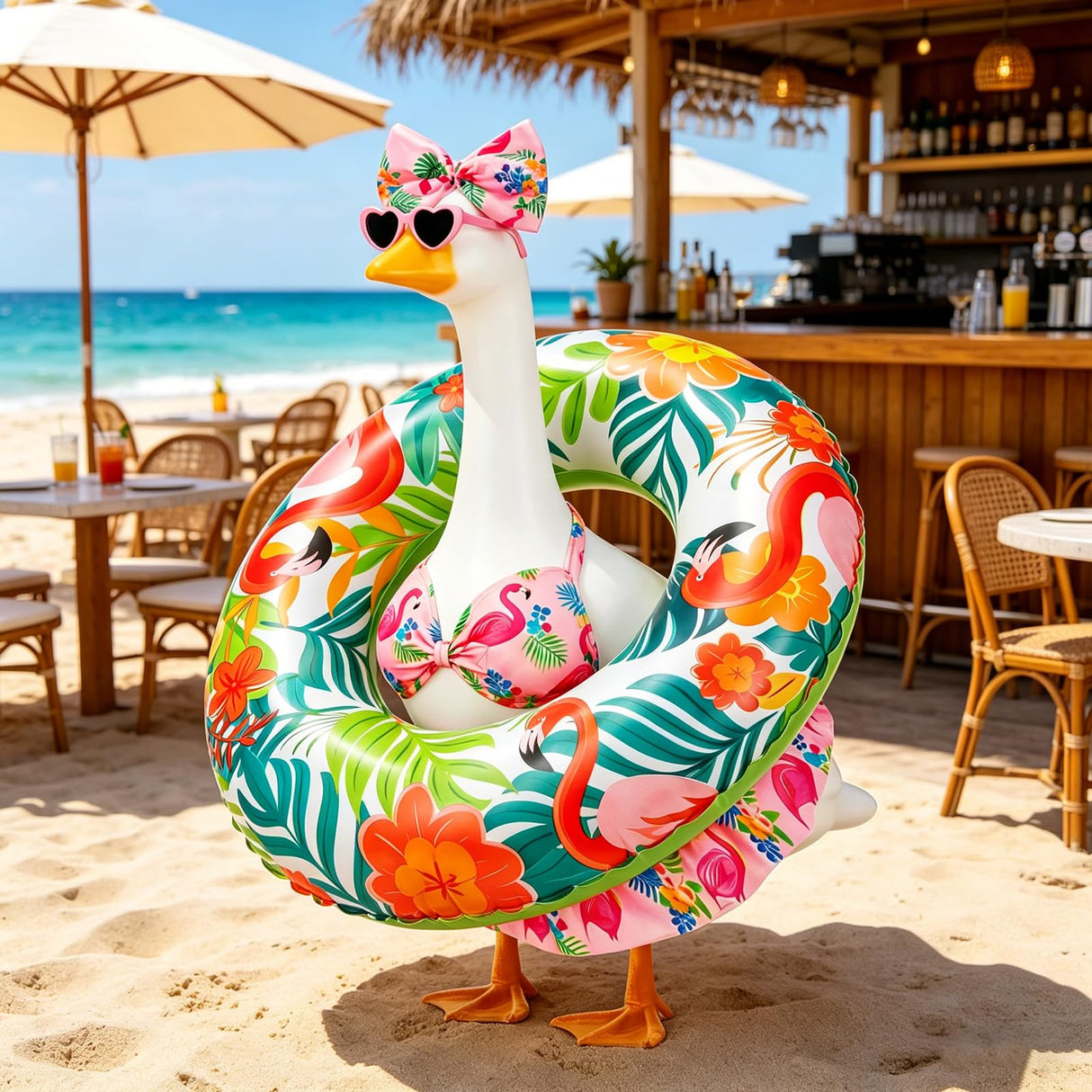 Ciyufavo 23 in Porch Goose Summer Outfit Bikini, Hawaiian Porch Goose Swimsuit Clothes Costume Accessories with Bow Glasses Swim Ring for 23" Summer Goose Garden Patio Statue Decor (Flamingos)