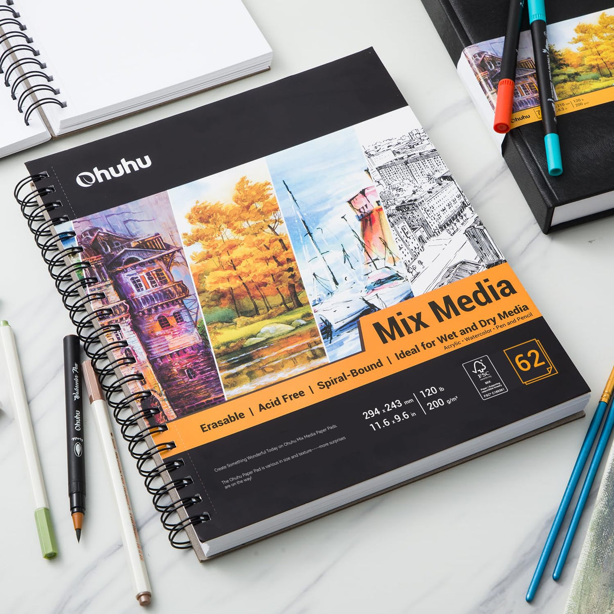 Ohuhu Mix Media Pad, 11.6"x9.6" Mixed Media Art Sketchbook, 120 lb/200 gsm Heavyweight Papers, 62 Sheets/124 Pages, Spiral Bound Mixed Media Paper Pad for Acrylic, Painting Christmas Gift