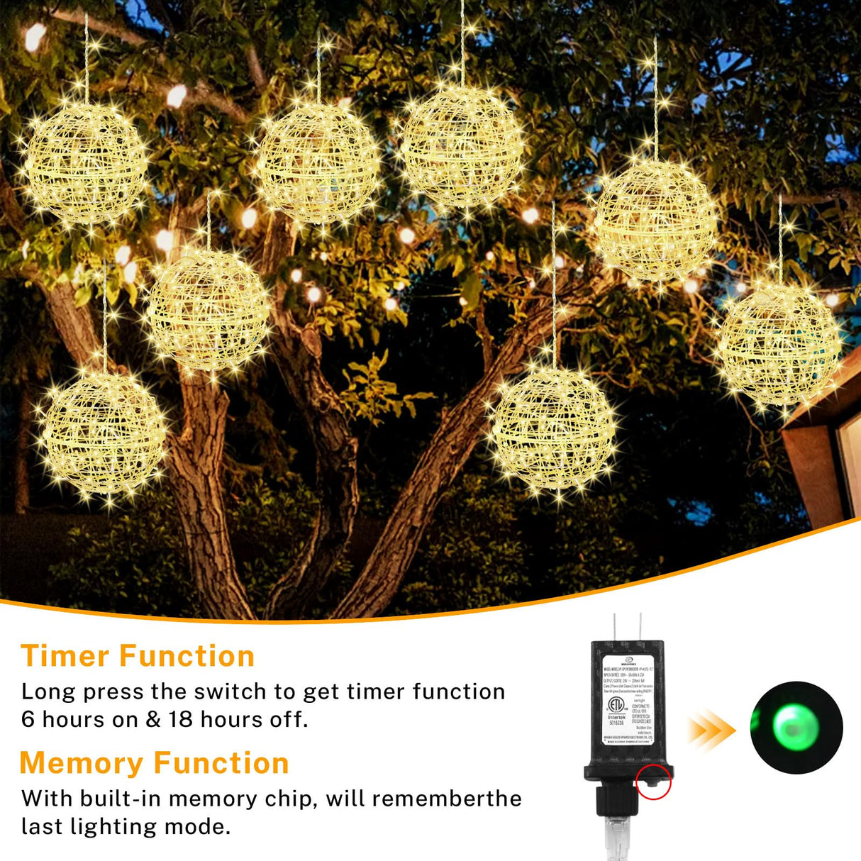 Outdoor Christmas Balls Lights 4 Pack Hanging 7.9" LED Garden Sphere Tree Lights 8 Modes Waterproof Glow Globe Lights with Memory Timer Plug for Party Yard Porch Eave Patio Xmas Decorations-Warm White