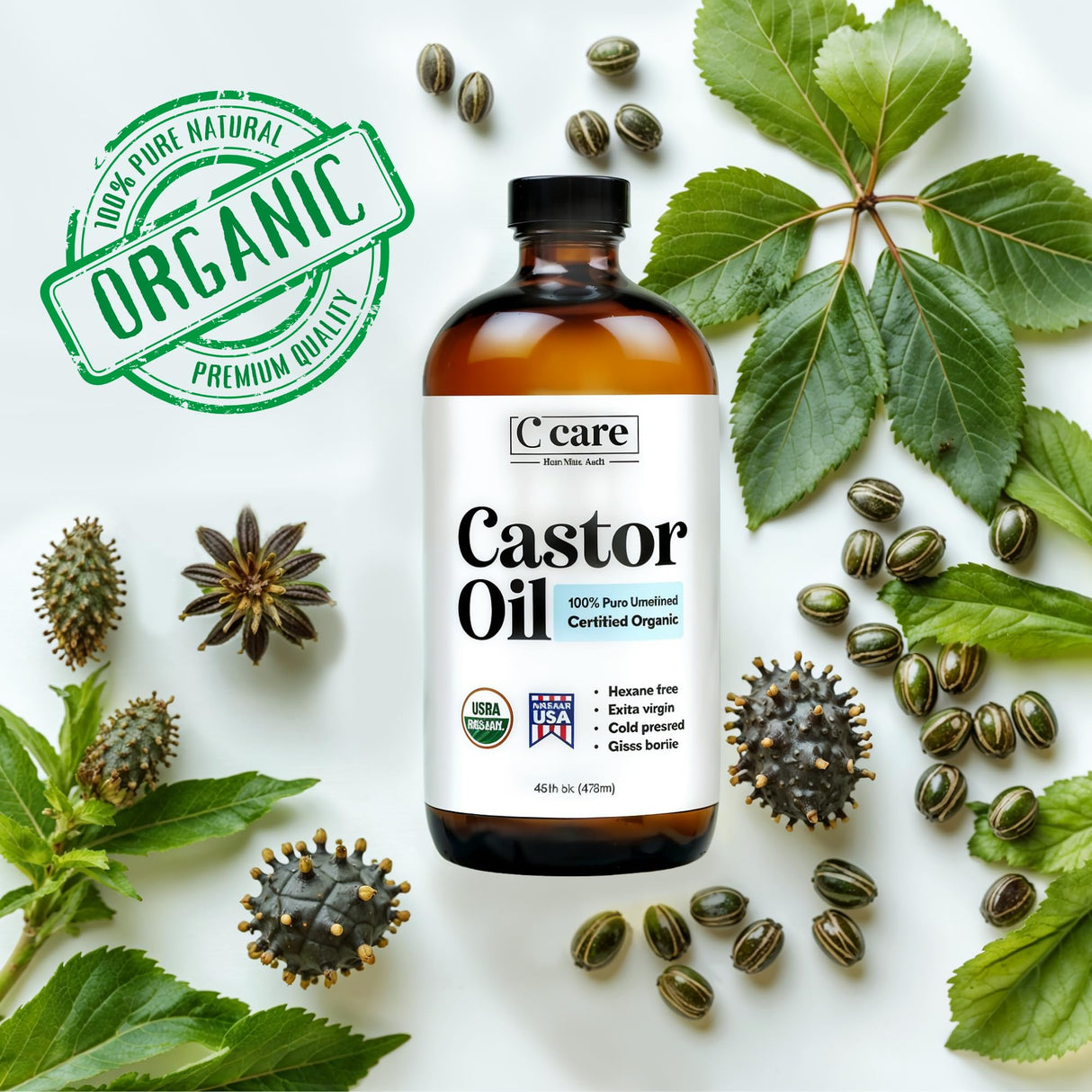 Castor Oil 100% Pure Organic Cold Pressed Unrefined Glass Bottle | USDA Certified Organic | Hexane Free Extra Virgin | For Hair Growth Eyebrows Eyelashes Skin and Castor Oil Pack Wrap | 16oz