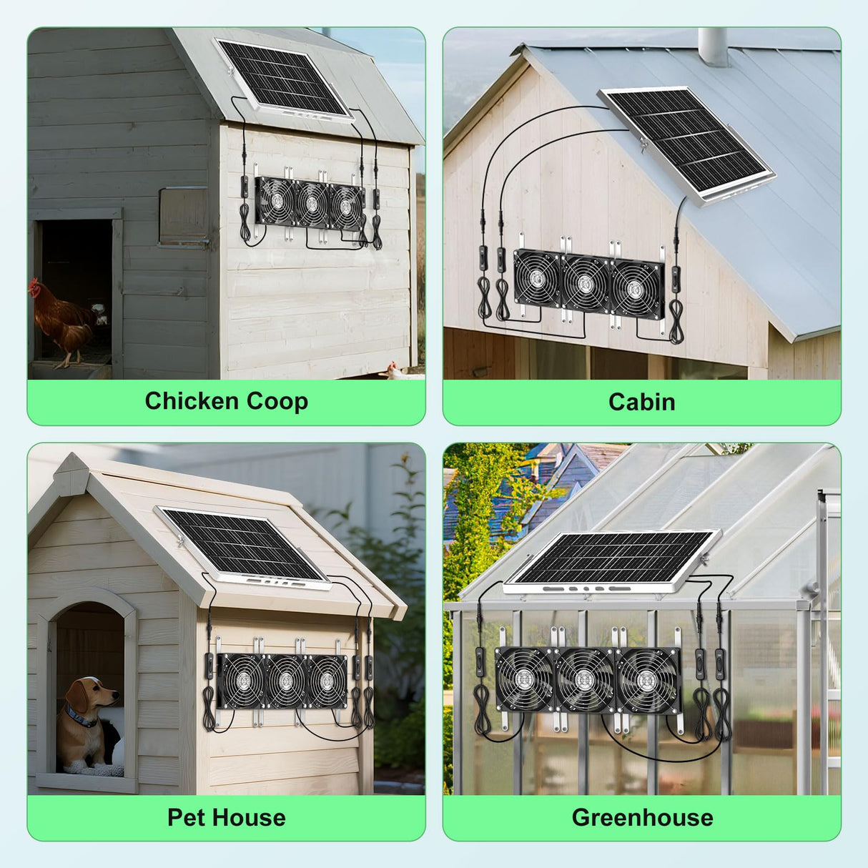 pqins New 5.5" Solar Chicken Coop Fan 3 Kit, 35W Solar Powered Exhaust and Intake Greenhouse Fan Outdoor Waterproof, 16.5ft Cord, Strong Airflow, for Shed Air Circulation and Ventilation, No Battery