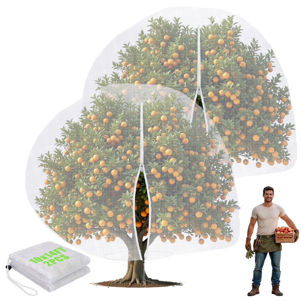 Vincreem 2 Pcs 10 x 14 ft Large Fruit Tree Netting for Protecting Fruit from Squirrels Birds Bug Deer & Rat Garden Mesh Netting with Zipper and Drawstring for Blueberry Peach Apple Garden Bushes