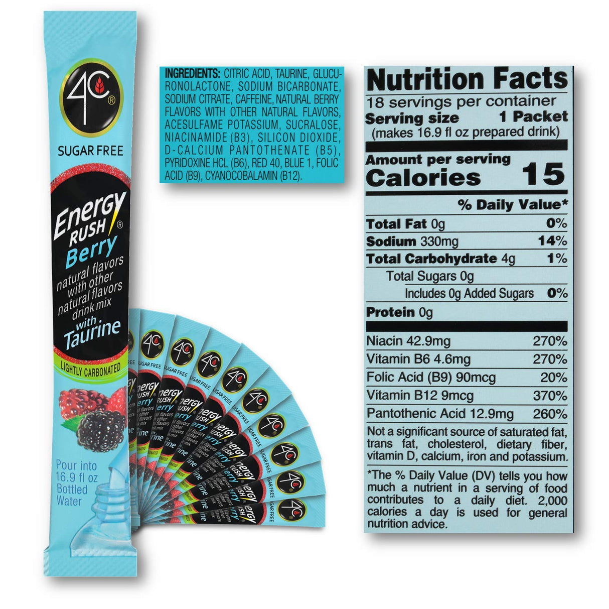 4C Totally Light 2 Go Energy Rush Berry, Sugar Free, 14-Count, Boxes (Pack of 3)