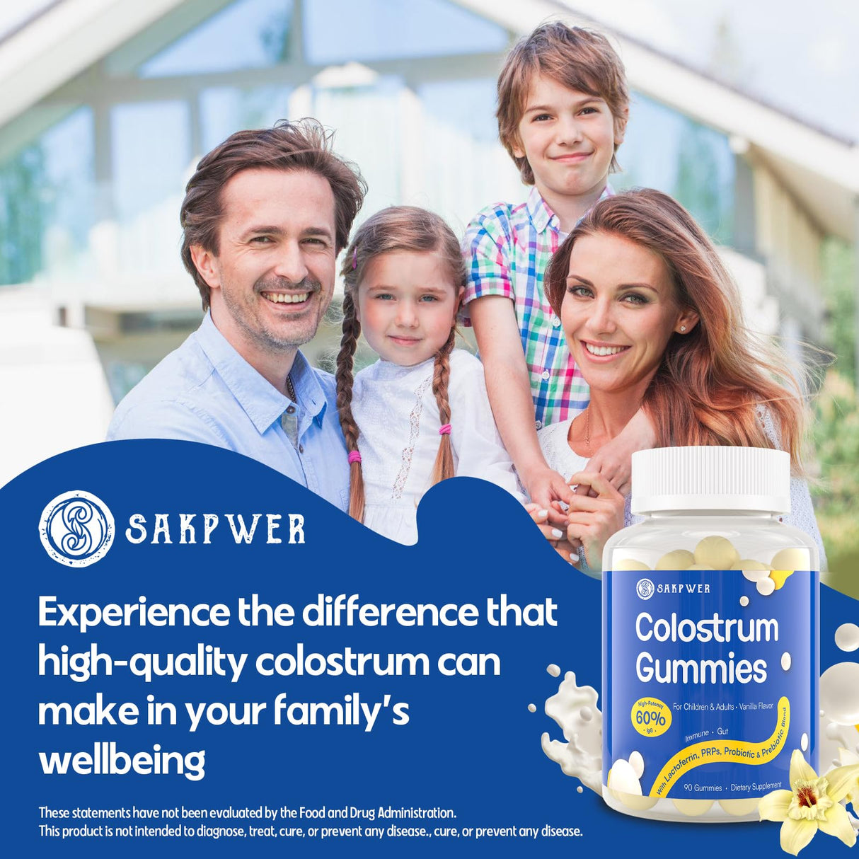 Bovine Colostrum Supplement Gummies - with 60% Highest IgG, Lactoferrin, Probiotics and Prebiotics for Adults and Kids, Vanilla Flavor & Sugar Free, 2 Pack