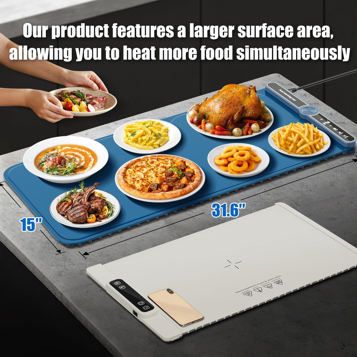 NAXBEY Warming Mat for Food extra large, Silicone Heating Mat For Food, 15"x31.6" Foldable Food Warming Mats for Countertops, Parties, and Daily Use with Timer and 9 Temperature Levels