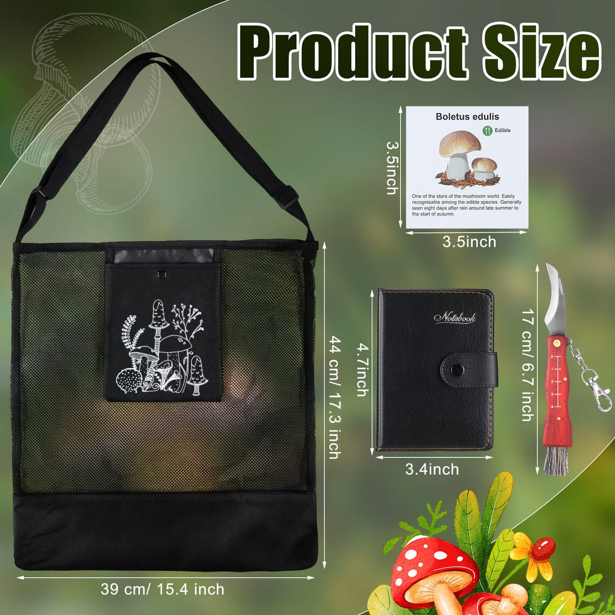Seajan 18 Pcs Mushroom Foraging Kit with Hunting Bag, Knife Brush Guide Cards and Notebook for Mushroom Lovers(Black)