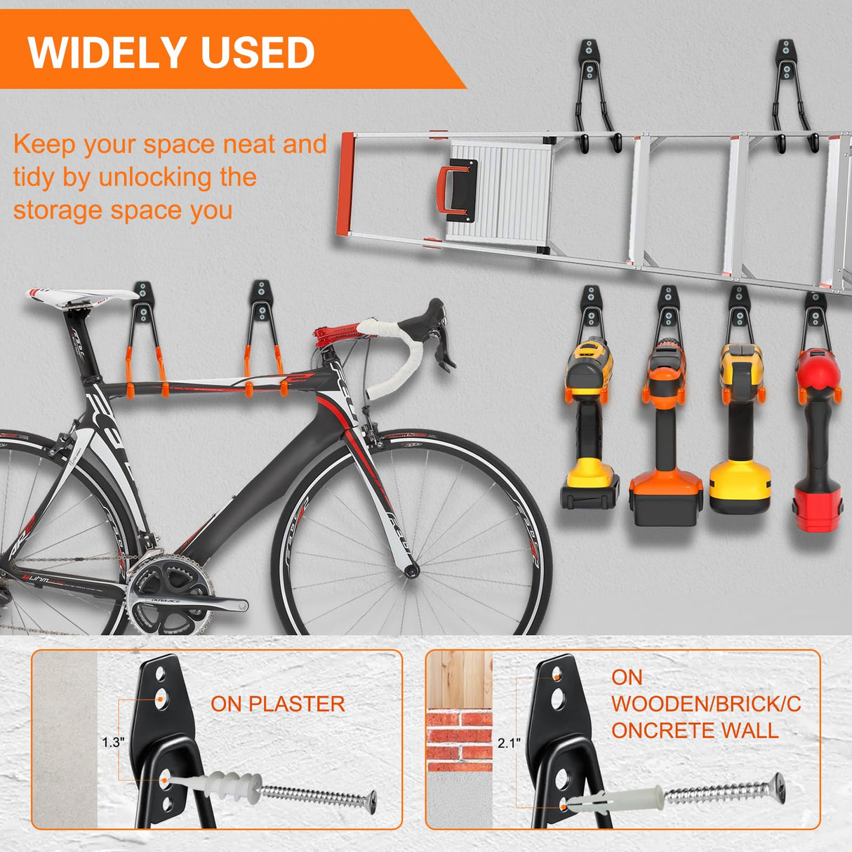 HUPBIPY 12 Pack Garage Hooks Heavy Duty Utility Steel with Anti-Slip Coating Wall Mount Storage Organizer for Hanging Power and Garden Tools, Ladders, Hose, Bikes, Ropes, Bulk Items, and More
