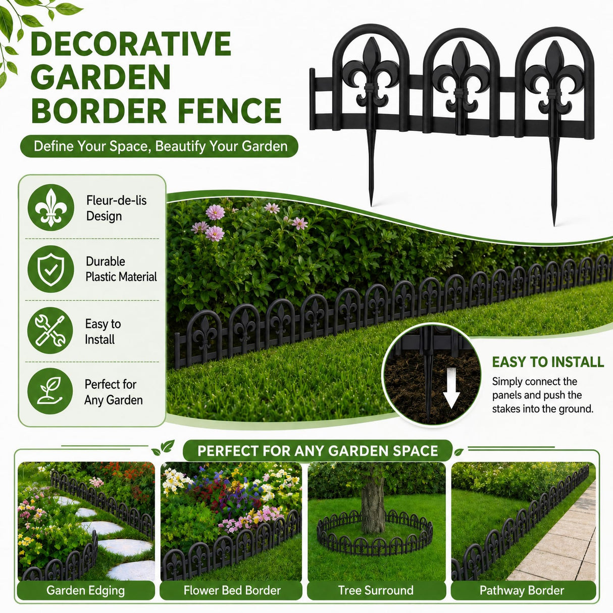 Evelyne Black Garden Border Plastic Edging – PP Plastic, Metal-Free Wrought Iron Look Design, 15pcs Black Yard Landscaping Fence Liner Lawn Edge Barrier, 20ft Kit of Decorative Lawn Landscape Panels