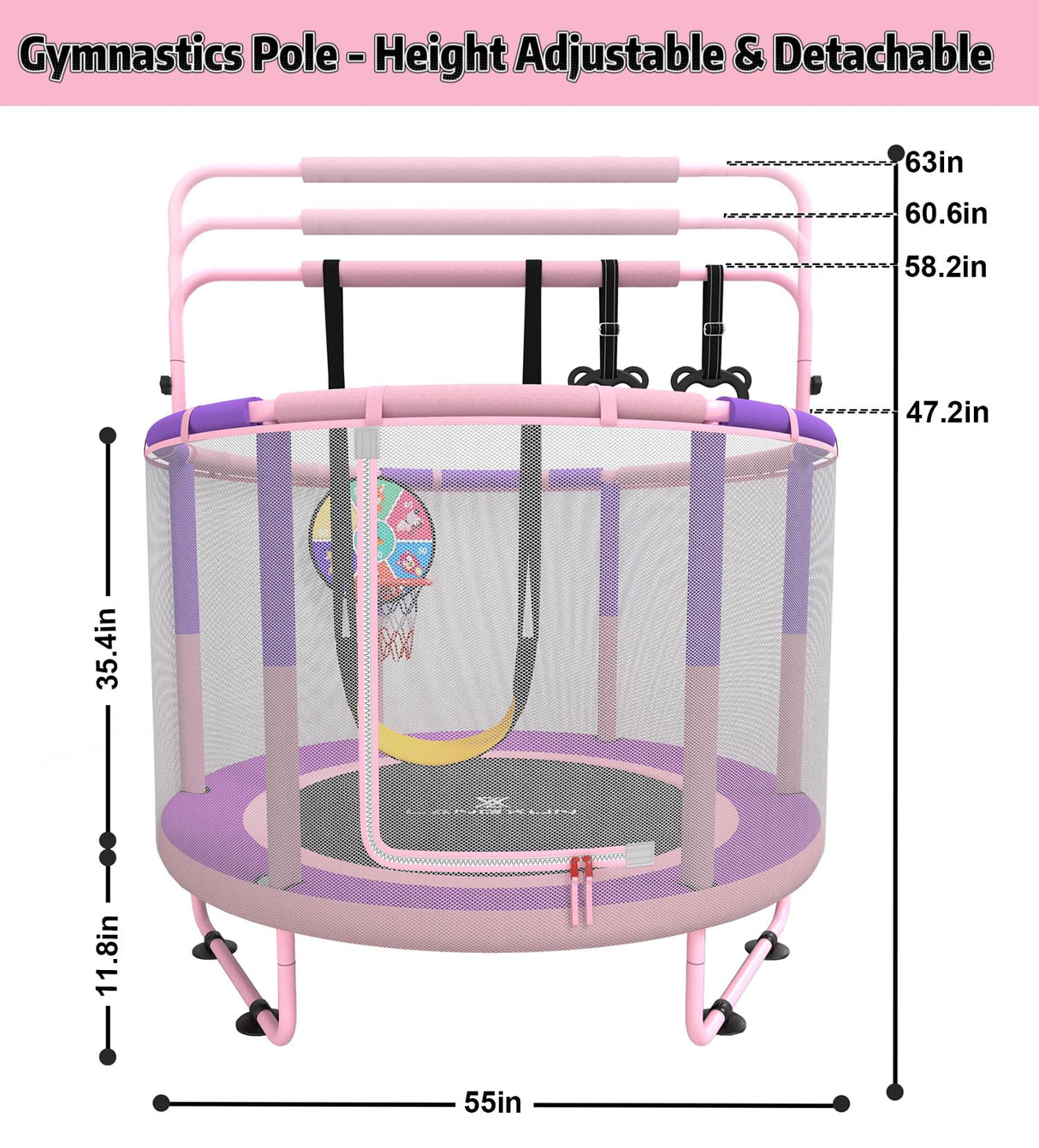 LANGXUN 60" Trampoline for Kids, 5ft Toddler Mini 6-in-1 Trampoline Indoor Outdoor with Swing, Basketball Hoop, Dart Board, Rings, Christmas Toys Birthday Gifts for Girls Boys