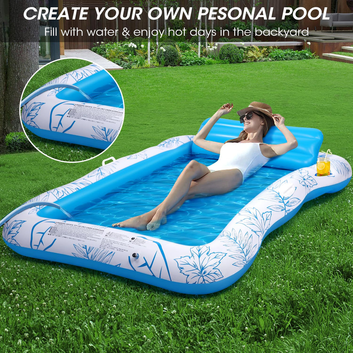 Inflatable Adult Pool Lounger Float - BAIAI Large Beach Sun Tanning Floaty Raft Sunbathing Water Lounge Floaties Tub with Drink Holder - Blow Up River & Lake Suntan Floating Swimming Mattress Mat(L)