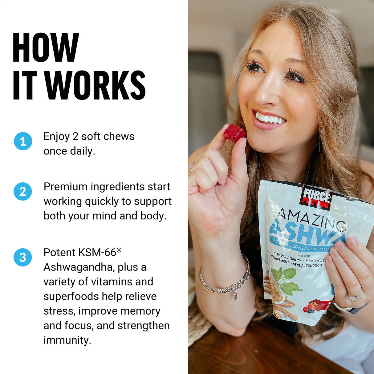 Force Factor Amazing Ashwa for Stress Relief, Memory, Focus, and Immune Support Health, Ashwaganda Supplement with KSM-66 Ashwagandha for Stress, 60 Soft Chews