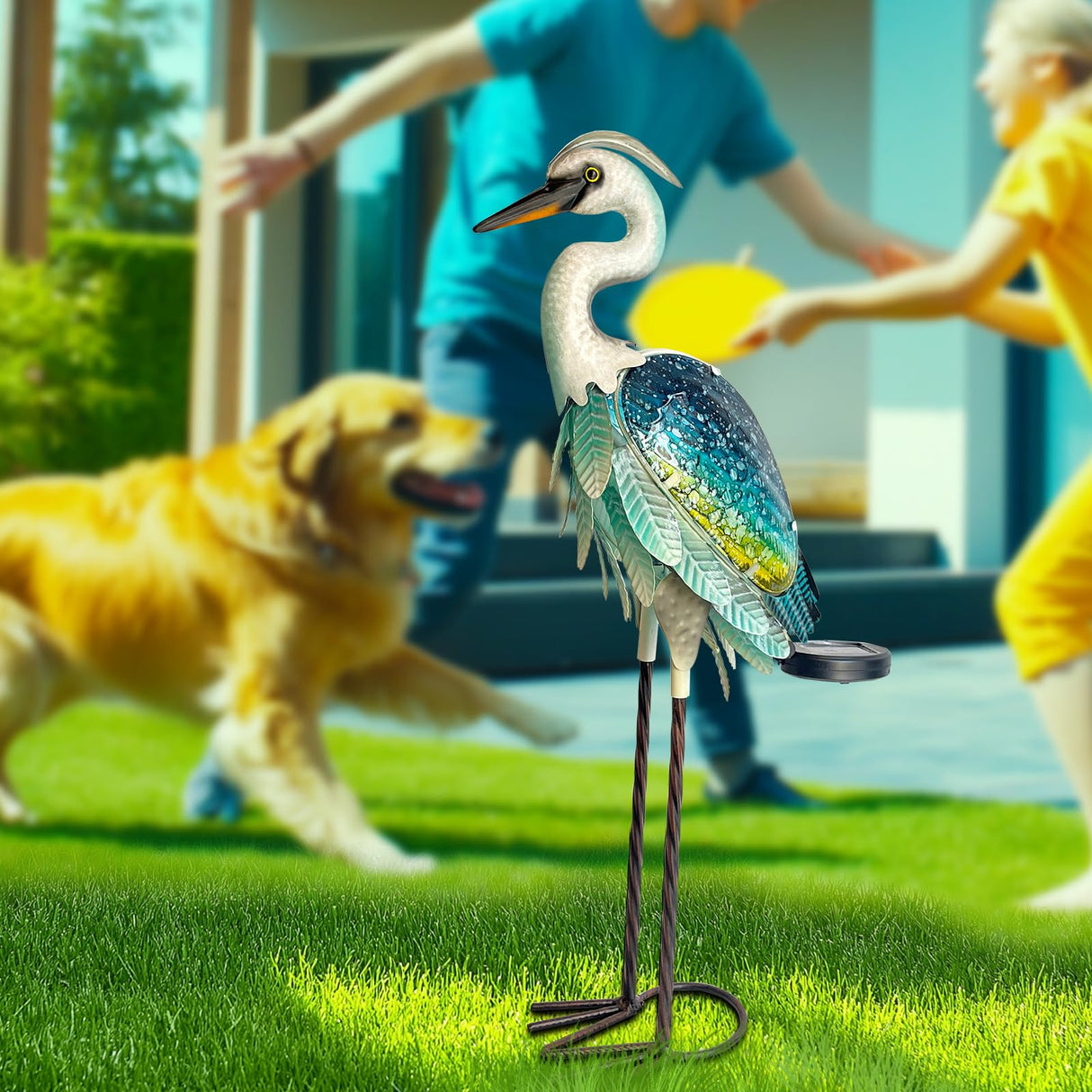 HONGLAND Solar Heron Metal Crane Statue Garden Heron Sculpture, Glass Outdoor Crane Yard Art Coastal Ocean Bird Decor 24 Inch Lawn Ornament for Backyard Porch Patio Decor(Green)