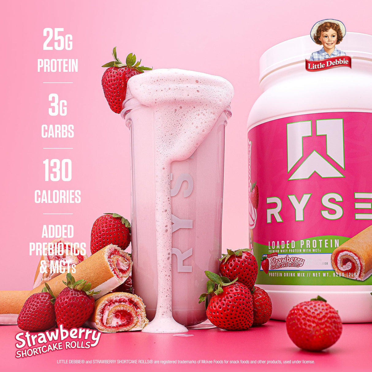 RYSE Loaded Protein Powder - Little Debbie Strawberry Shortcake Rolls - 25g Whey Protein Isolate & Concentrate with Prebiotic Fiber & MCTs - Low Carb & Low Sugar - 27 Servings / 2 lb Tub