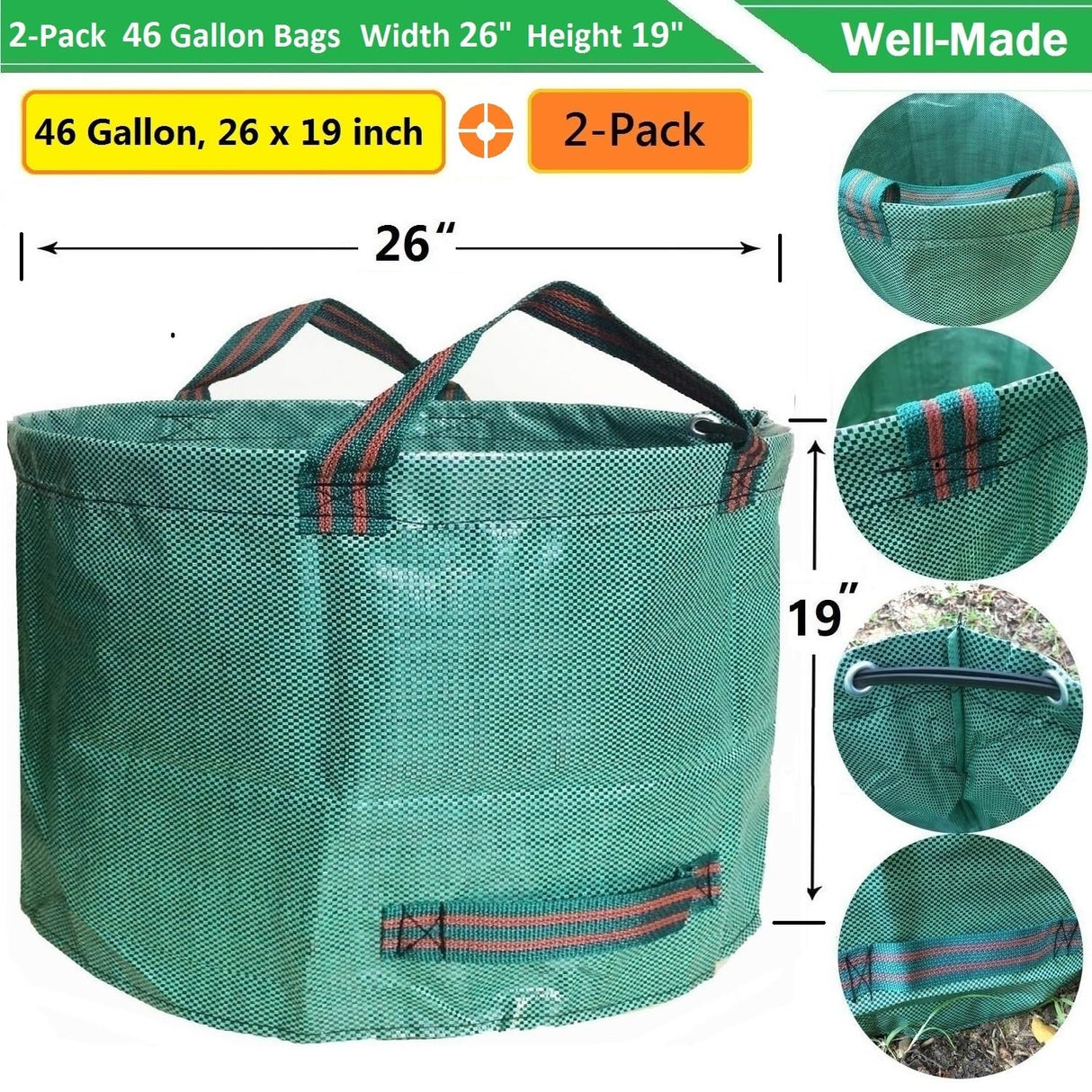Standard 2-Pack 46 Gallon Lawn Garden Bags (D26,H19 in) Yard Waste Bags W/Gardening Gloves for Leaf Bag,Yard Debris,Trash Container,Recycling Bin,Camping Waste Bin,Grass Clippings,Weeds Bag 4 Handles