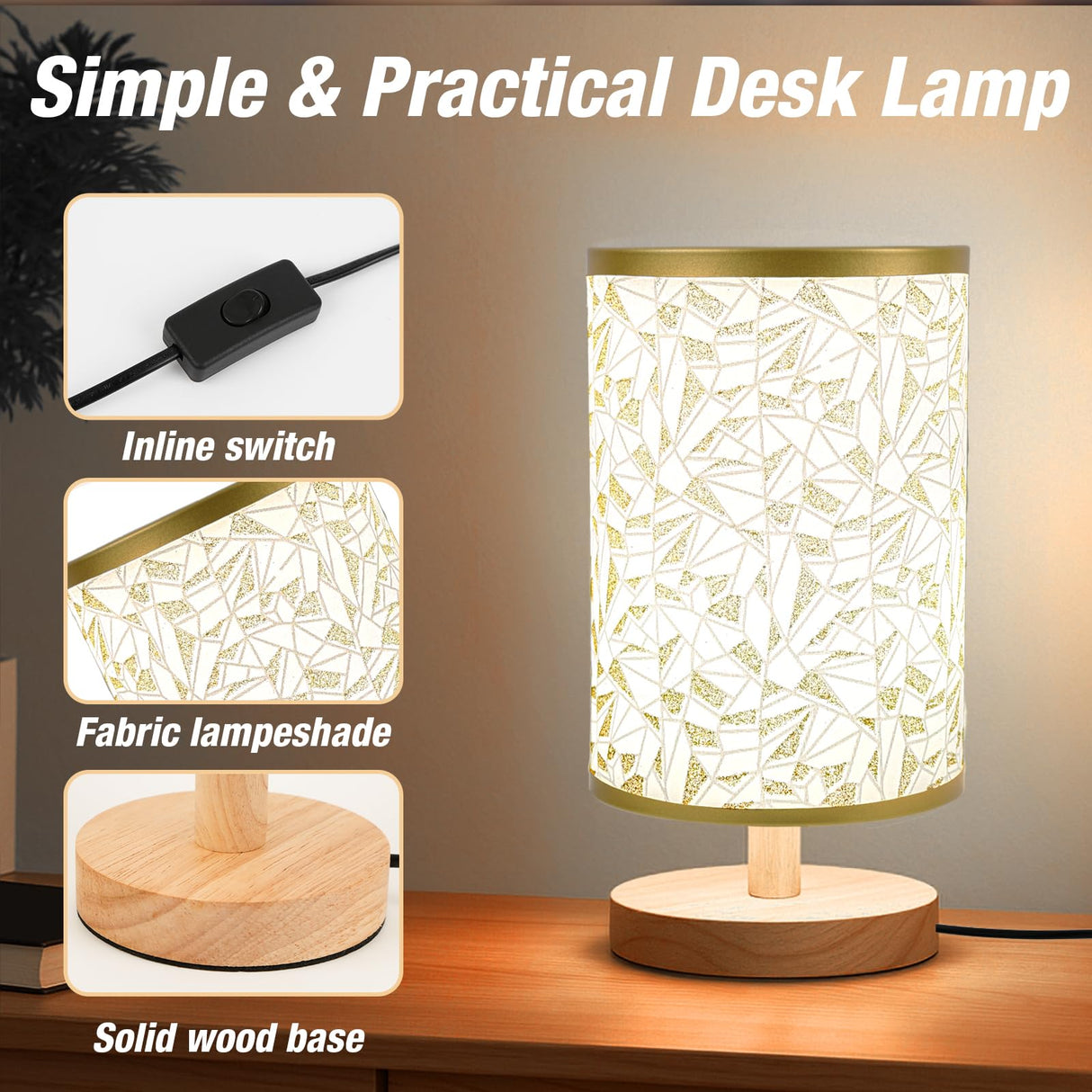 EZIYIN Desk Lamp LED Bulb Included, Small Bedside Table Lamp Plug-in - Classic Wood Base with Flaxen Fabric Shade, Lamps for Night Stands, Simple Nightstand Light for Bedroom, Office, Desk