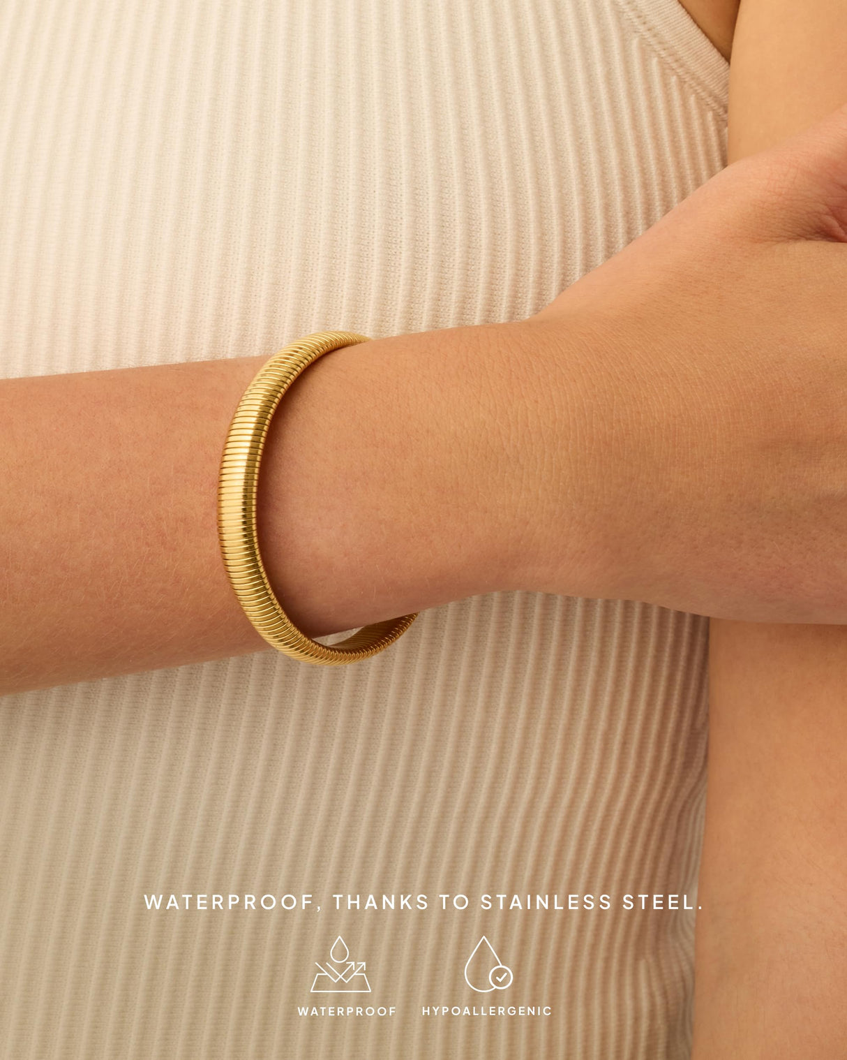 PAVOI Stainless Steel 14K Yellow Gold Plated Waterproof Flexible Stretch Chunky Bangle for Women | Cobra Bracelet 8mm Wide