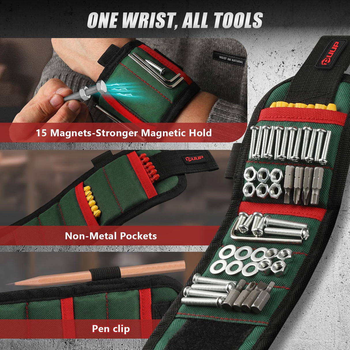 UUP Magnetic Wrist band with LED Light, Magnet Tool Belt Wrist Band for Screw and Nail, Adjustable Wrist Tool Holder, Father‘s Day Gifts for Men, Dad, Him, Mechanic, Woodworker, Handyman