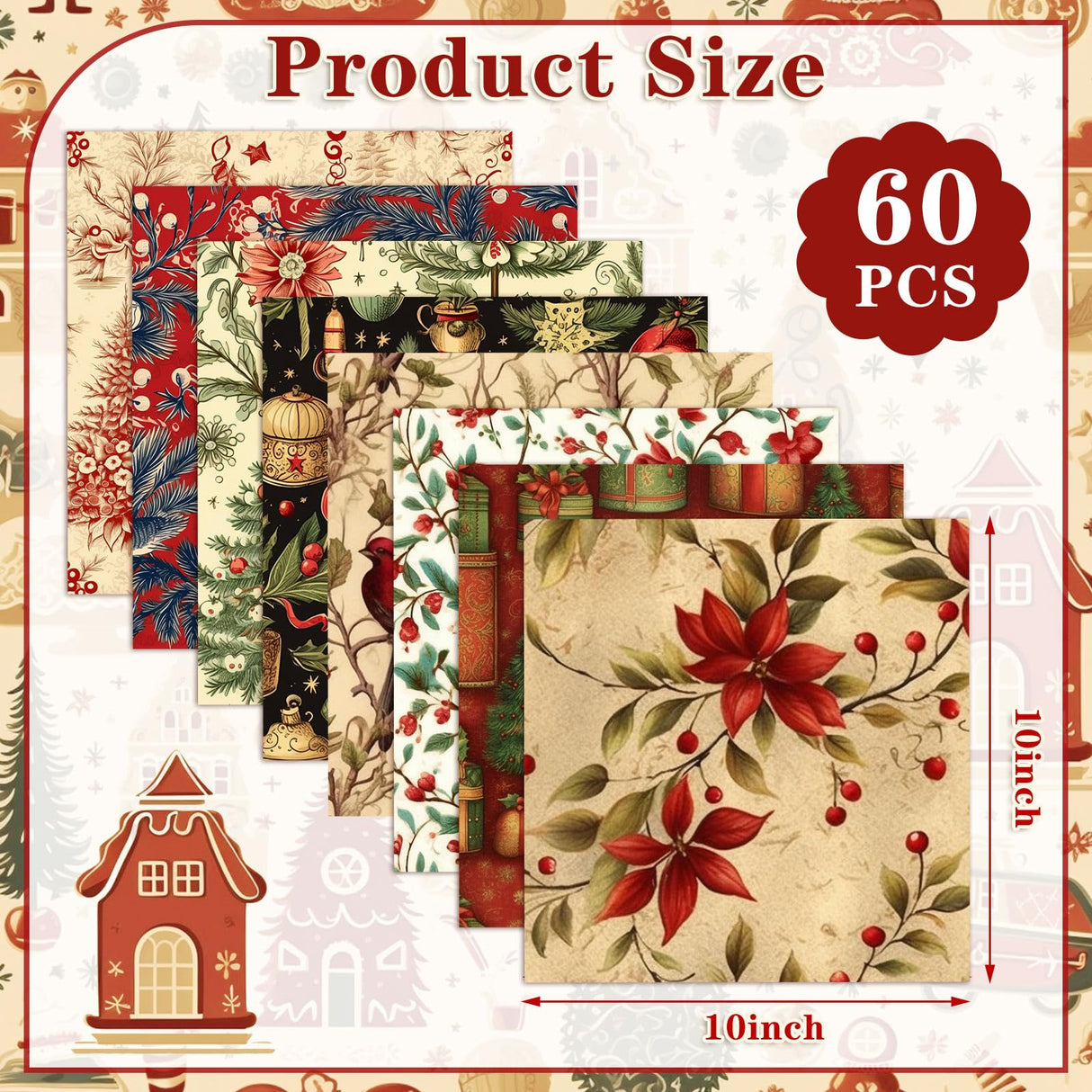 FuWeave 60 Pcs 10 x 10 Inch Vintage Christmas Quilting Fabric Rustic Christmas Fat Squares Patchwork Precut Strips Santa Claus Red Cardinal Fabric Bundles for Xmas Quilting Crafting DIY Craft Sewing