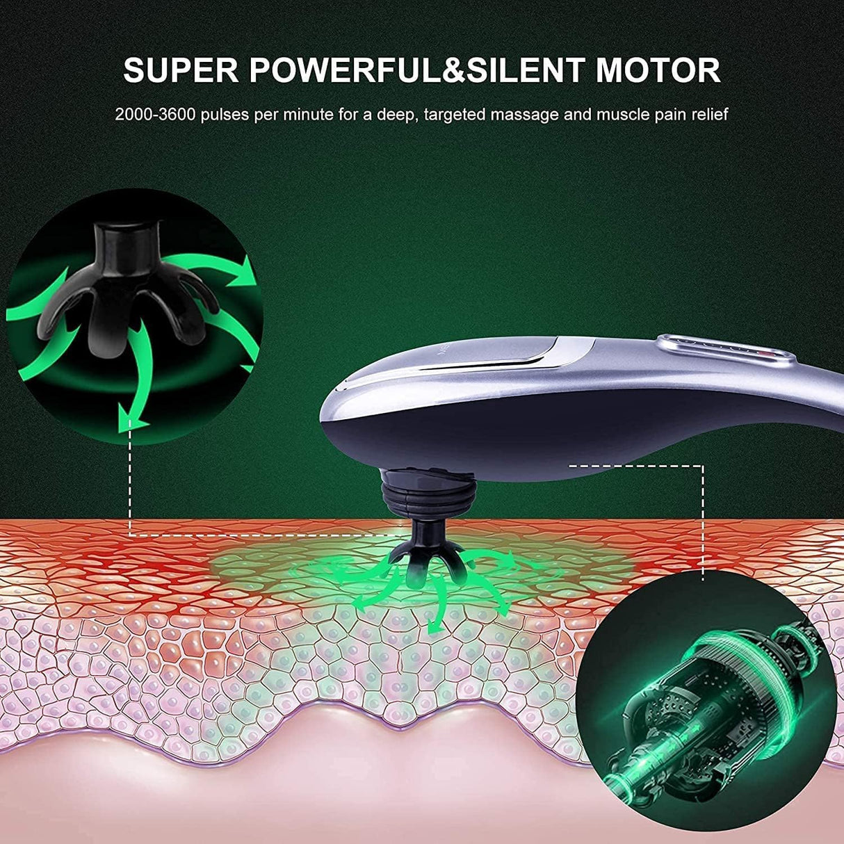 MEGAWISE Handheld Back Massager | Deep Tissue Percussion Massage for Back, Neck, Shoulders, Waist and Legs (Cordless Silver)