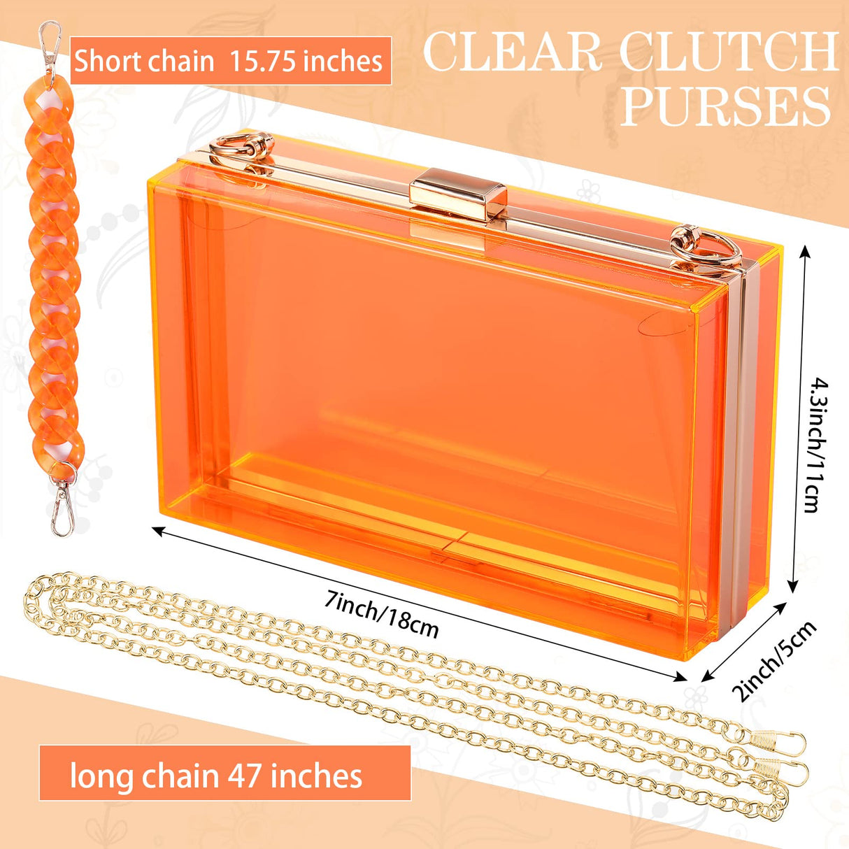 Jadive Orange 4 Pcs Purse Clear Women Acrylic Clutch Hand Bag Evening Retro Earring Bracelet Jewelry Set Neon Vintage Wedding Gift