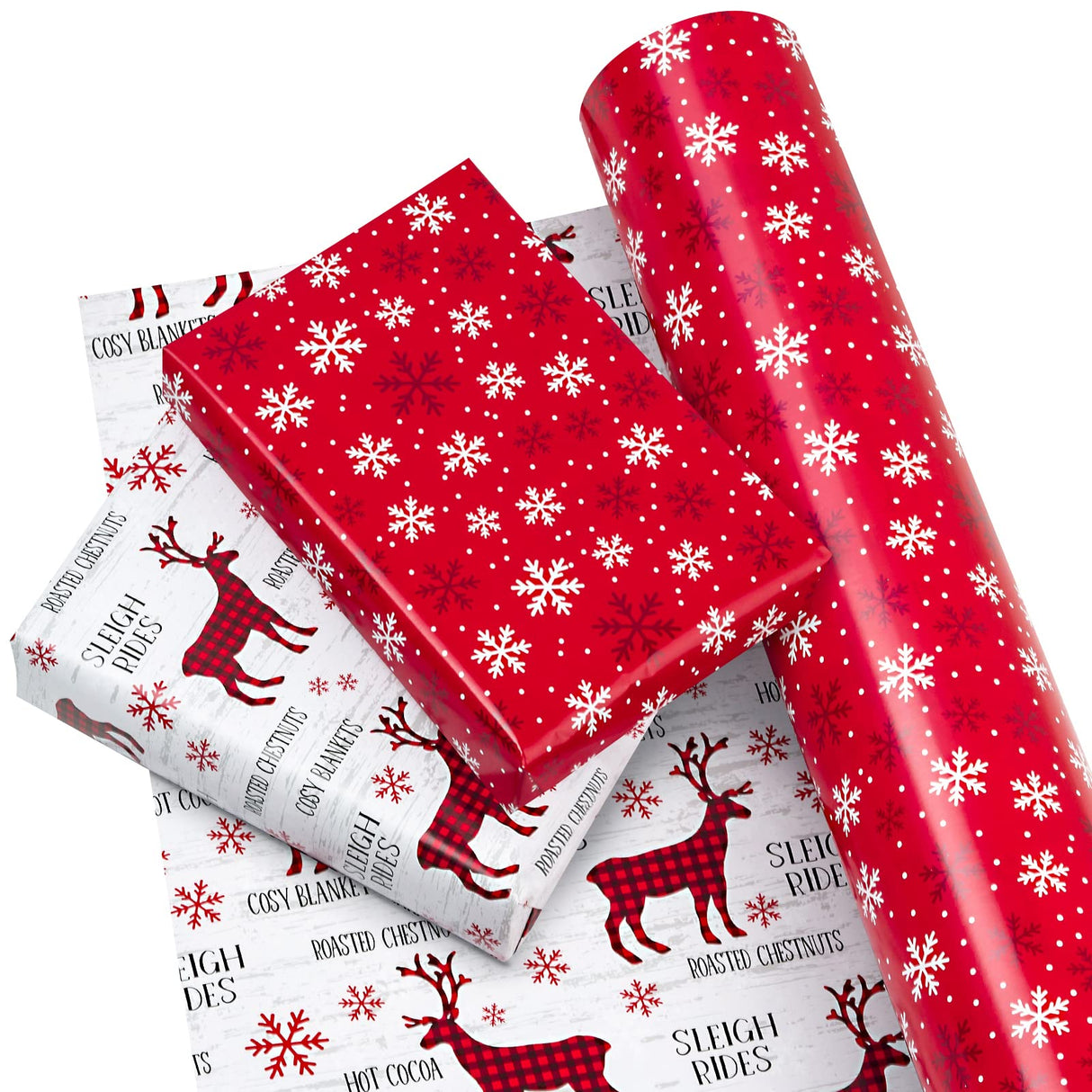 WRAPAHOLIC 30 Inch Jumbo Reversible Christmas Wrapping Paper - 30 Inch x 100 Feet Jumbo Roll Red White Reindeer and Snowflake Wrapping Paper for Christmas, Holiday, Party
