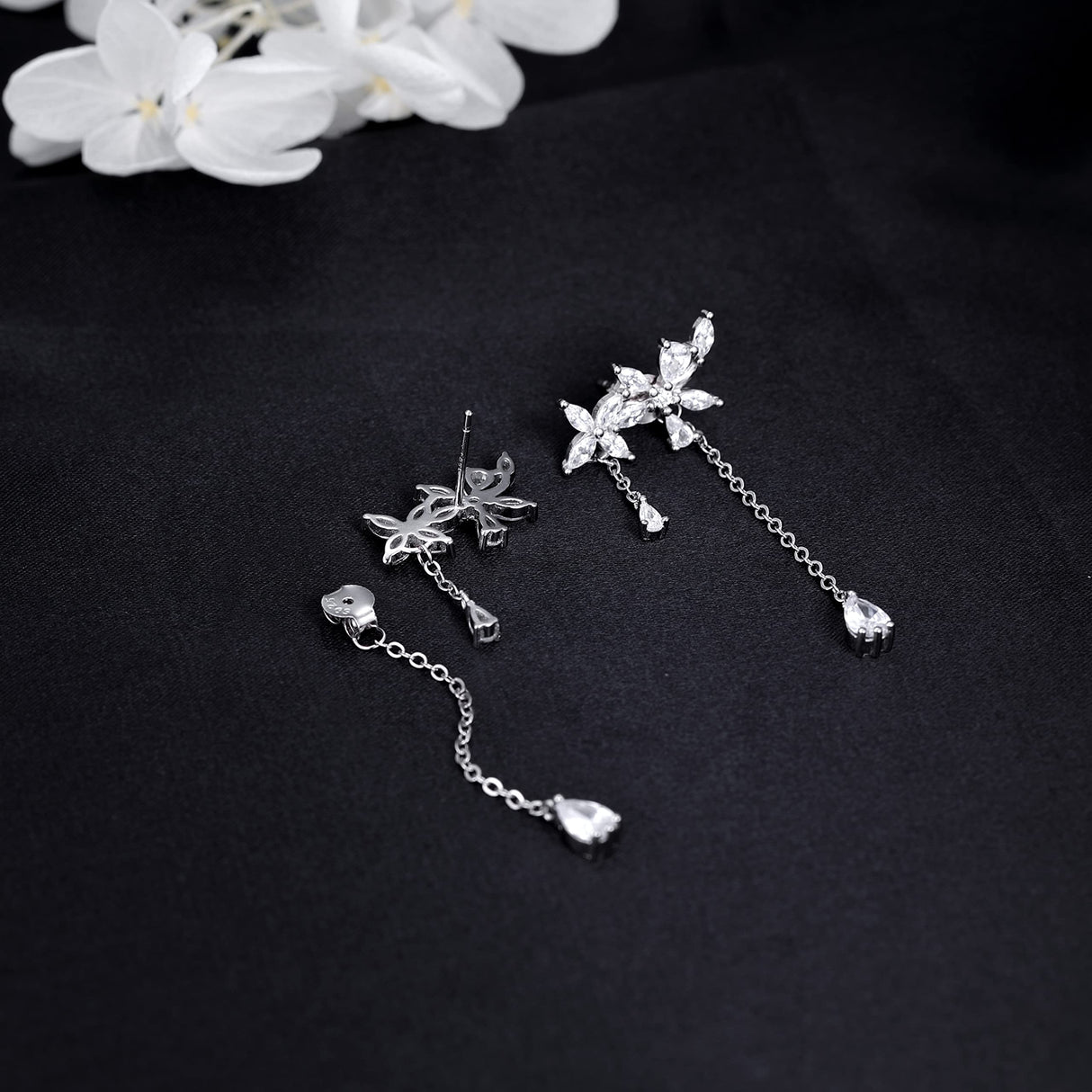 SLUYNZ 925 Sterling Silver Dainty CZ Flowers Wrap Earrings Dangle Chain for Women Elegant Bridal Wedding Earrings Engagement Drop (A-Silver)