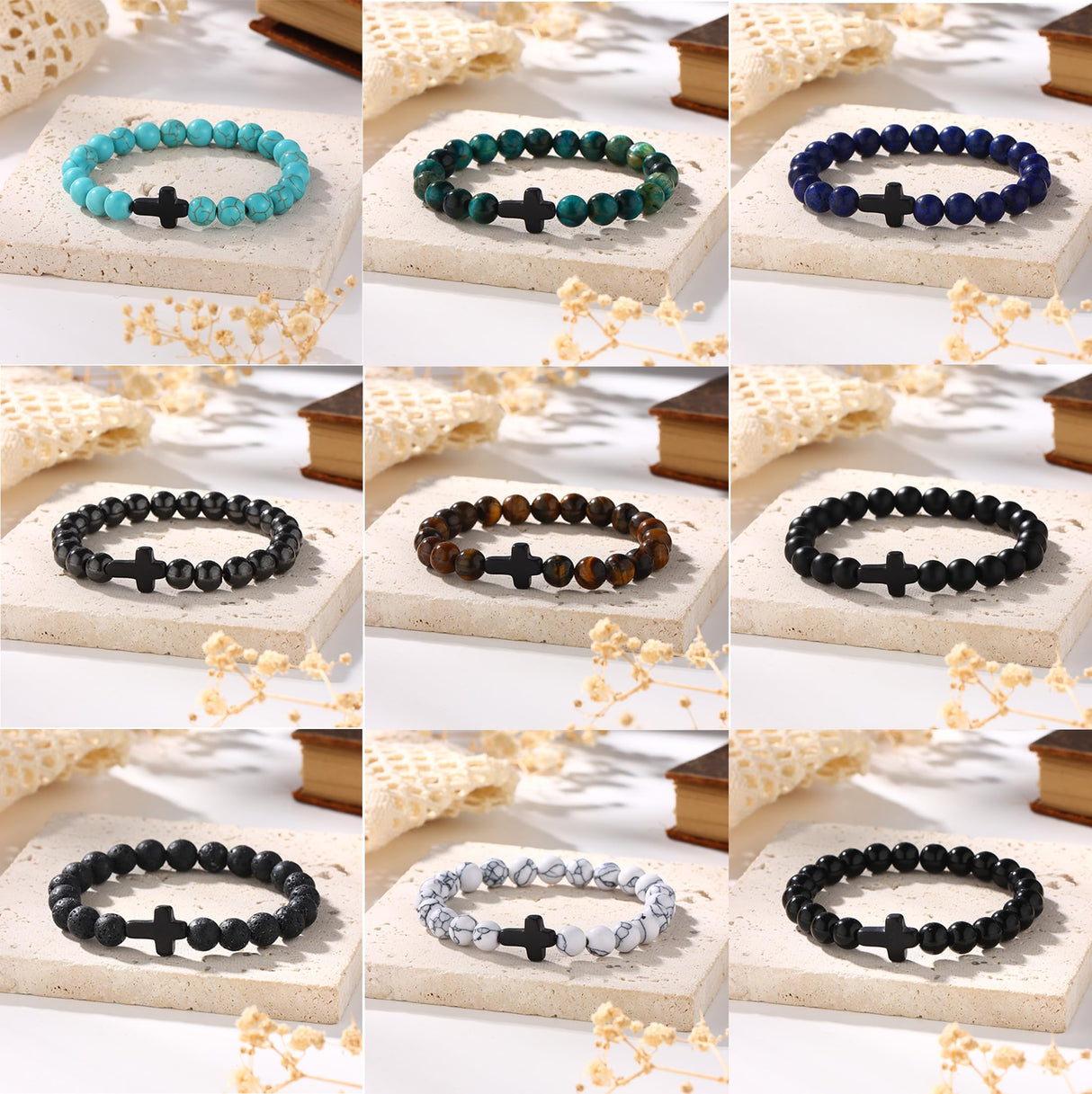 SONNYX 10PCS Religious Cross Beaded Bracelets for Men