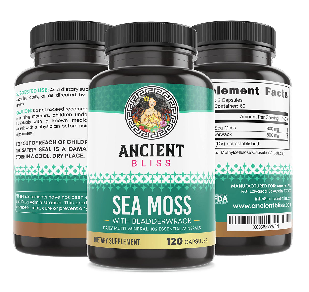 Ancient Bliss Organic Irish Sea Moss Pills - Dr Sebi Wildcrafted Seamoss Capsules | Thyroid, Healthy Skin & Gut Support | 120 Capsules