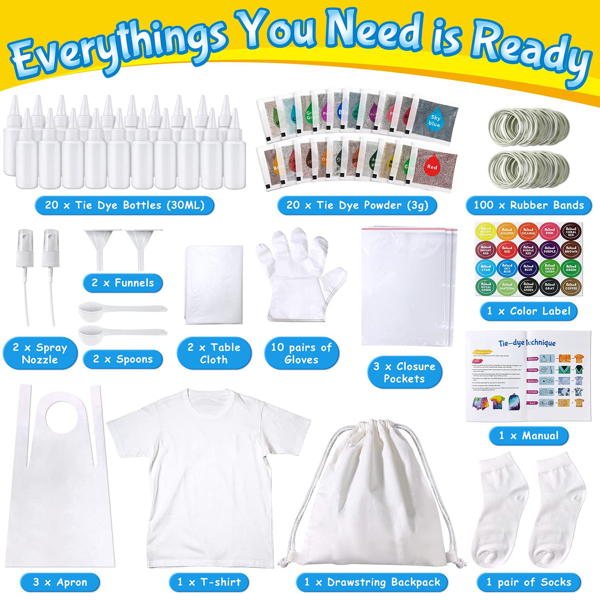 Tie Dye Kit for Kids Adults - Arts and Crafts Toy for Girls & Boys Ages 6-12 - Fabric Tye Dye Craft Kits 20 Colours, Birthday Christmas Gifts for Kids 3 4 5 6 7 8 9 10+